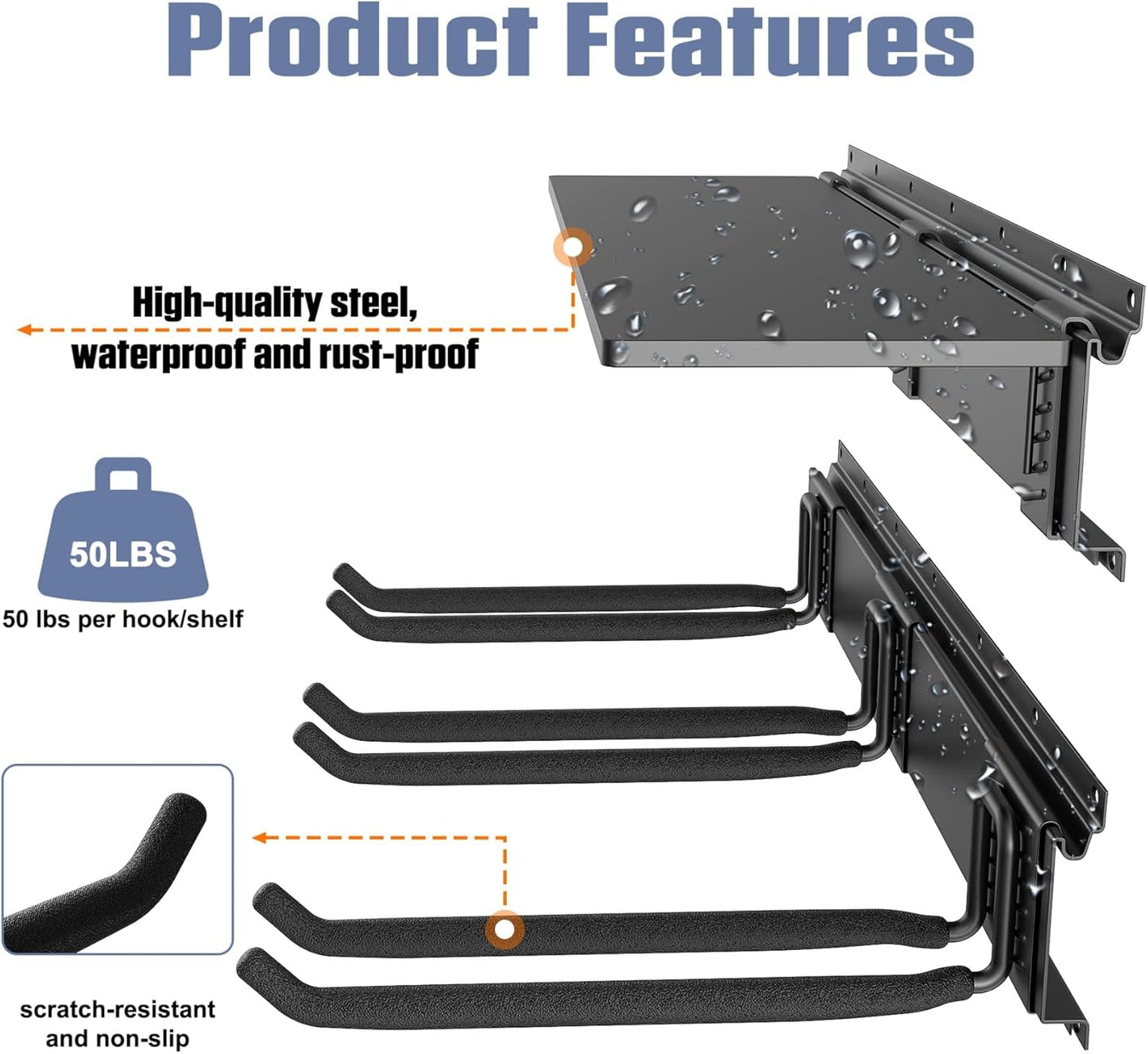 WALMANN Wall Mounted Garden Tool Rack with Shelves for Garage, Heavy Duty Folding Chair Hangers, 11-Inch Tool Storage Hooks for Shovels, Rakes, Ladders