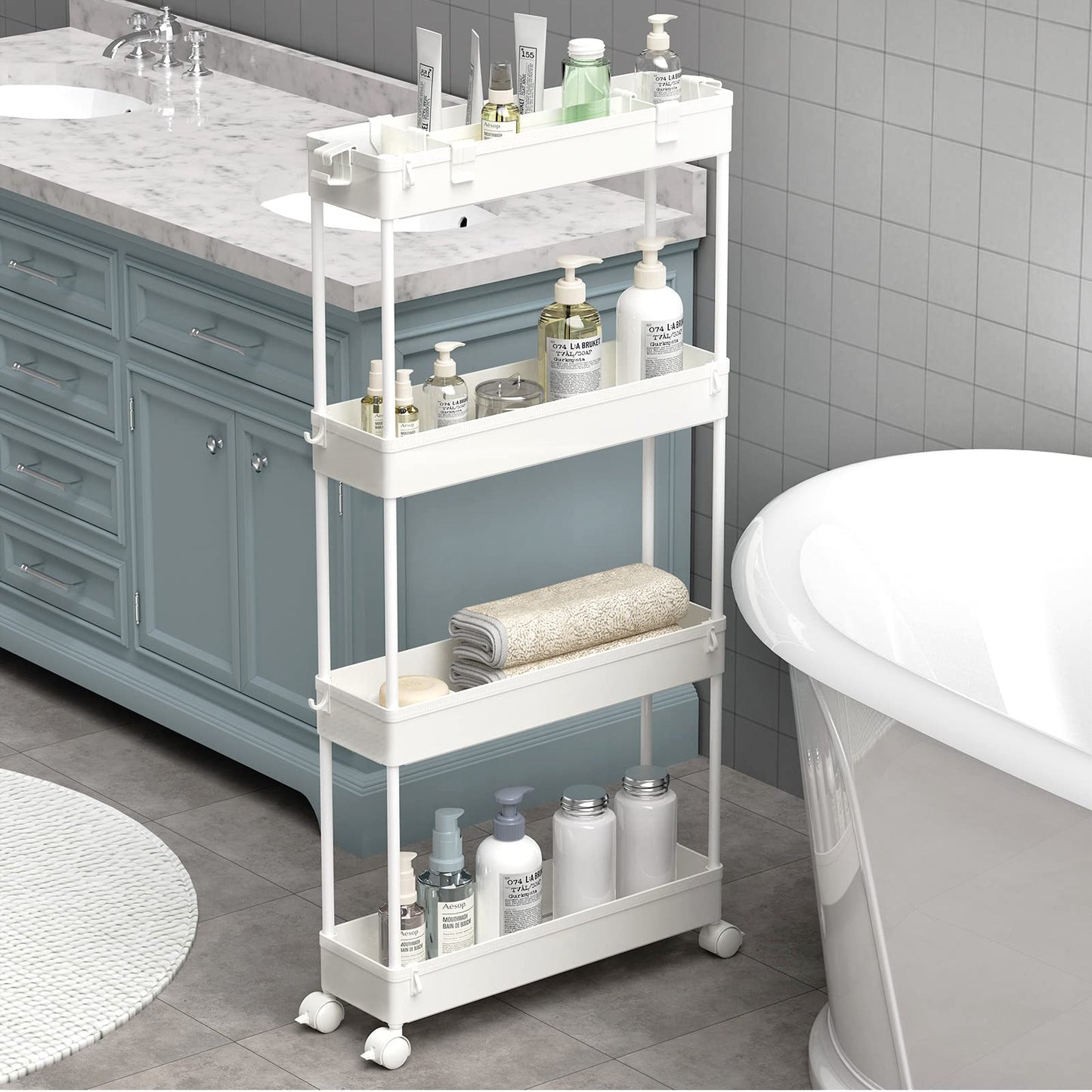 SPACELEAD Slim Storage Cart 4 Tier,Bathroom Organizer Rolling Utility, Mobile Shelving Unit Slide