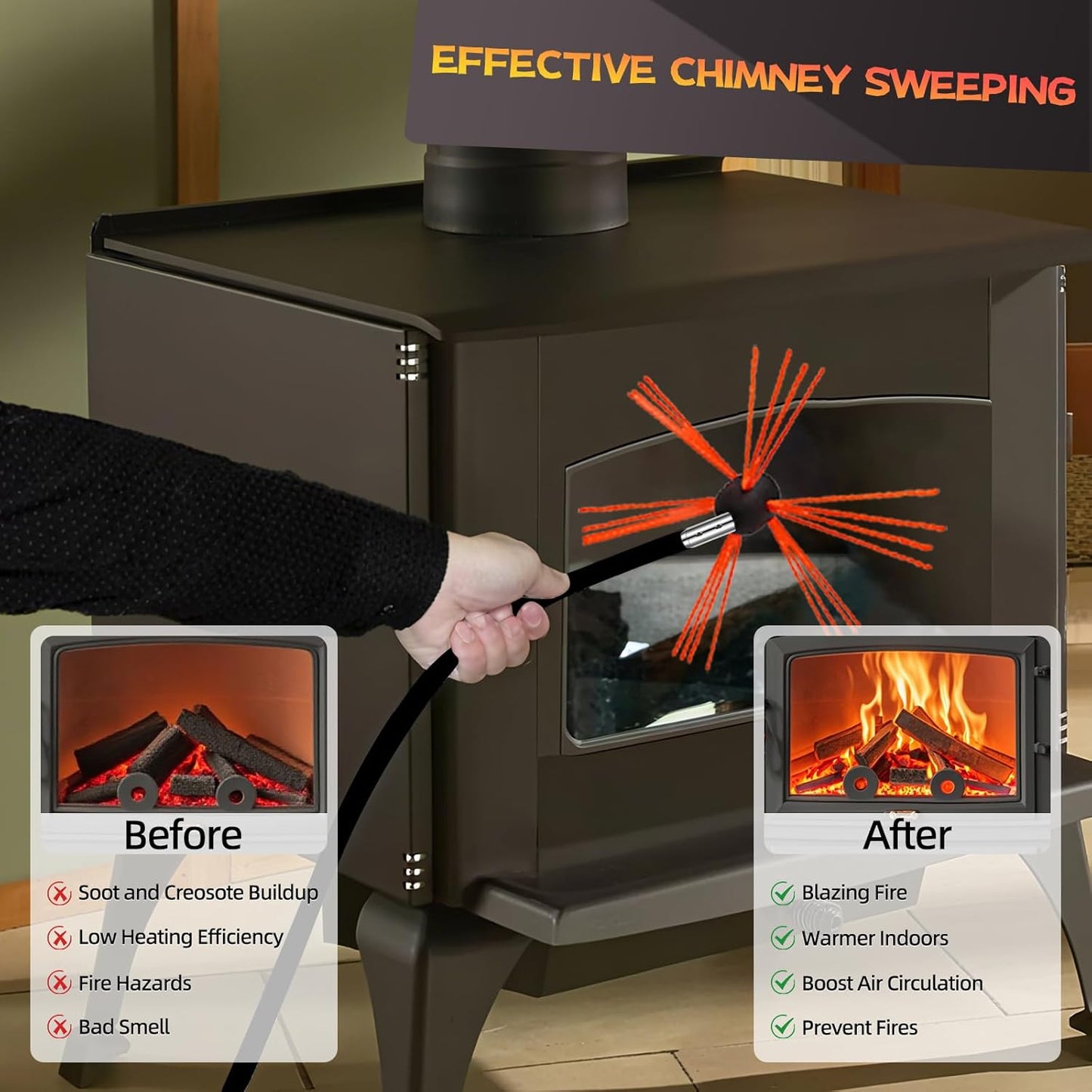 20 Feet Chimney Sweep Kit, Chimney Cleaning Kit with 6 Flexible Black Chimney Rods, Chimney Brush, Rotary Chimney Cleaning System Driven by Drill