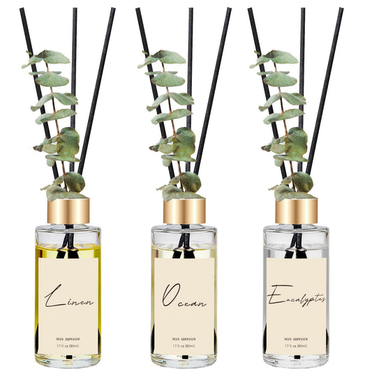 Reed Diffuser Set of 3, Eucalyptus, Linen, Ocean Oil Diffusers with Sticks