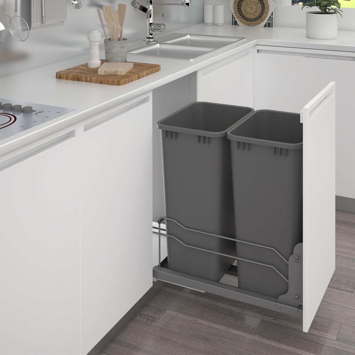 Rev-A-Shelf Pullout Dual Trash Cans for Full Height Kitchen Garbage Cabinet 50 Quart 12.5 Gallon with Soft-Close Slides, Orion Gray, 53WC-2150SCDM-213