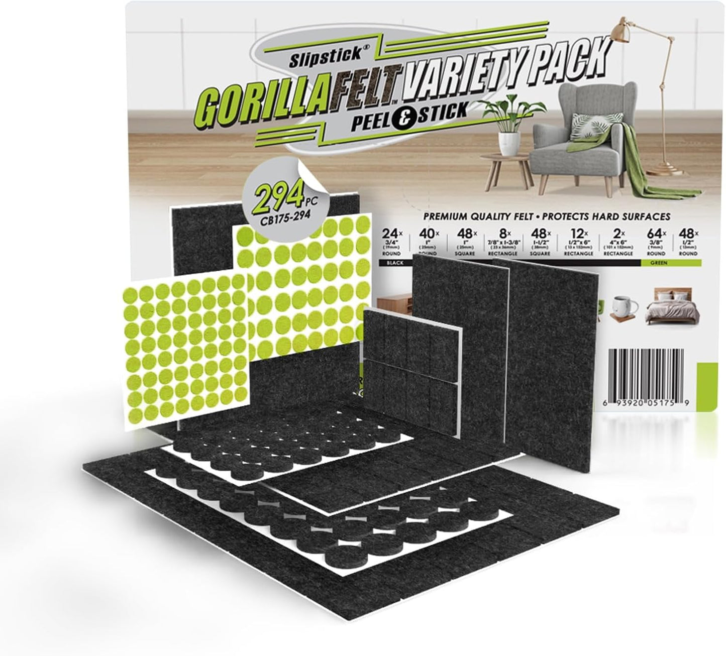 Slipstick Gorilla Felt Furniture Pads (294 Piece Variety Pack) Premium Furniture Pads & Chair Leg Floor Protectors for Hardwood Floors & Hard Surfaces