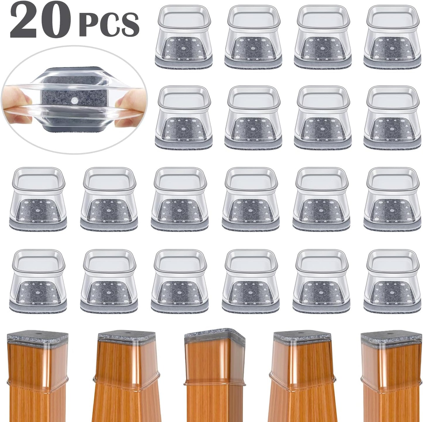 BUMACO Chair Leg Floor Protectors Square Chair Leg Protectors for Hardwood Floors Silicone Pads Covers to Protect Floors Clear-20 Pcs Square XL (1-5/8" to 2")