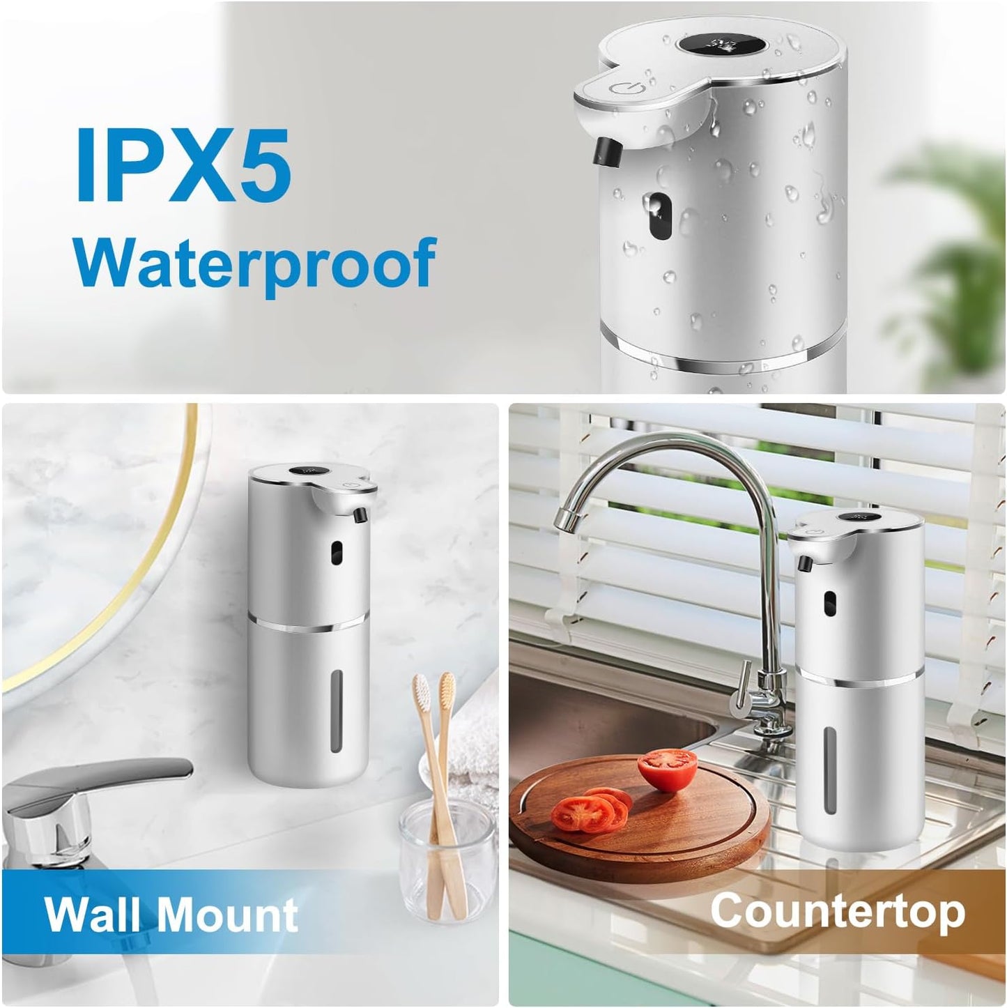 Automatic Liquid Soap Dispenser 12.8oz, Rechargeable & 6 Levels Soap Adjustable with Digital Display, Wall Mount, Waterproof, Touchless Hand/Dish Soap Dispenser for Kitchen, Bathroom, Hotel