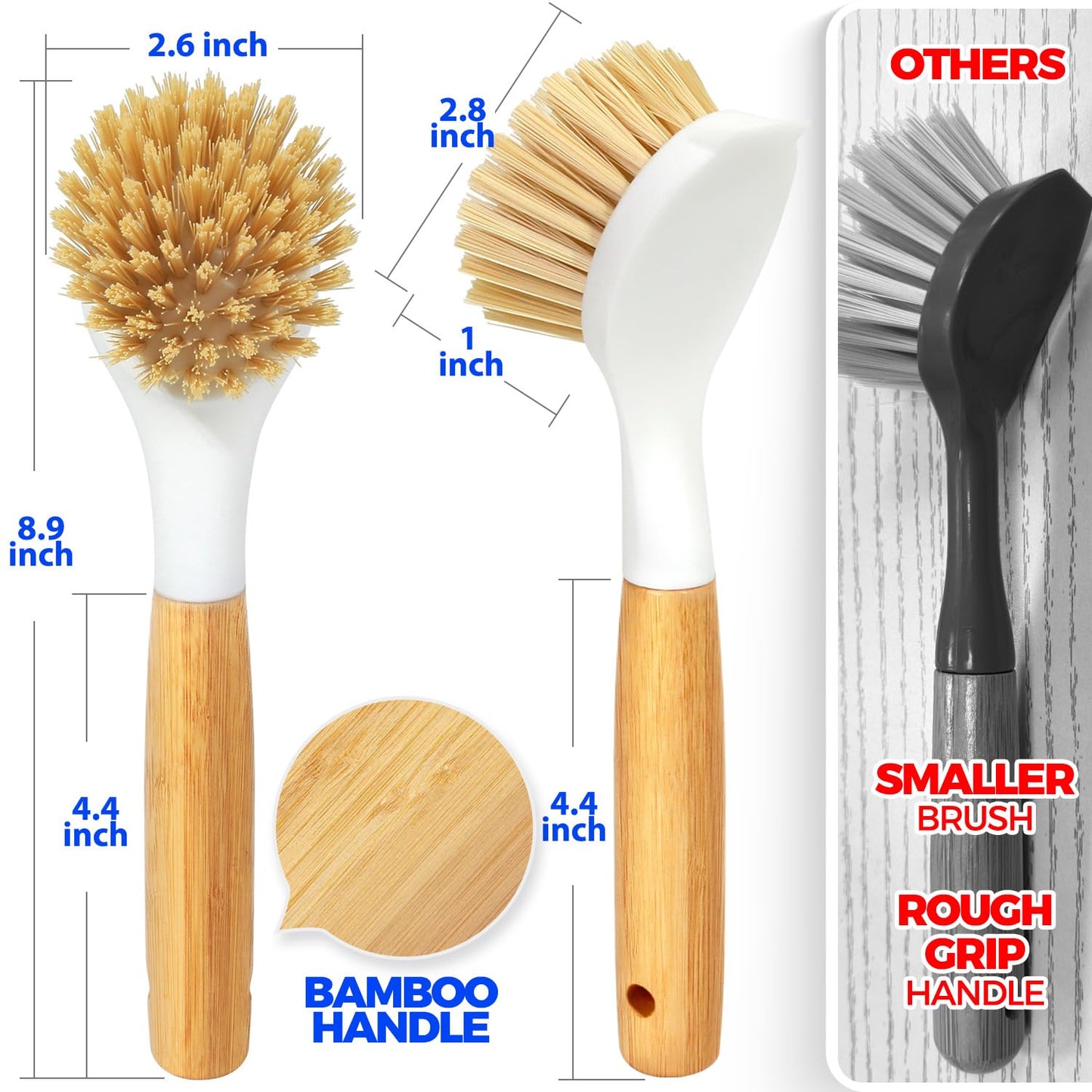 Holikme 3 Pack Dish Brush with Bamboo Handle Cleaning Brush,White Black