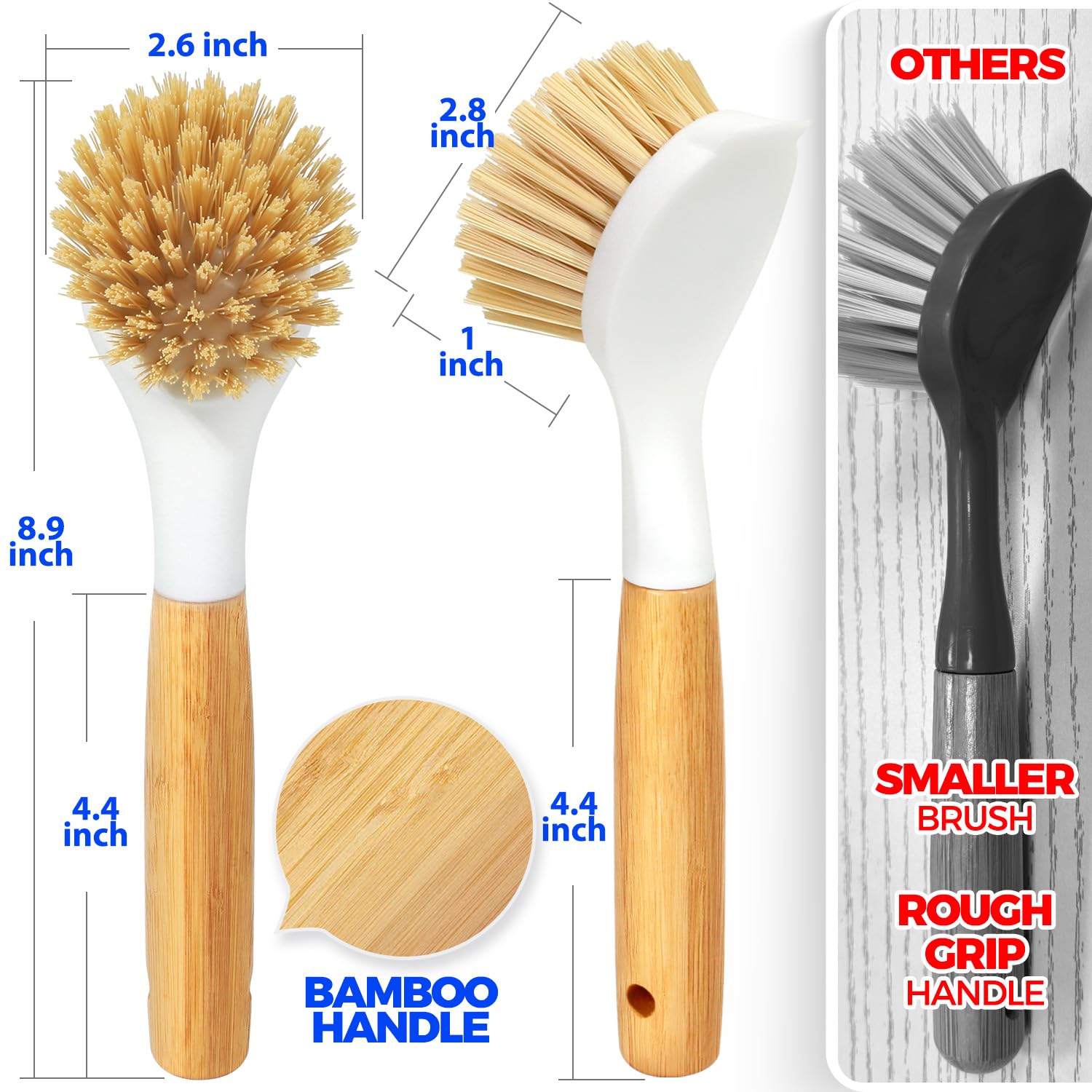 Holikme 3 Pack Dish Brush with Bamboo Handle Cleaning Brush,White Black