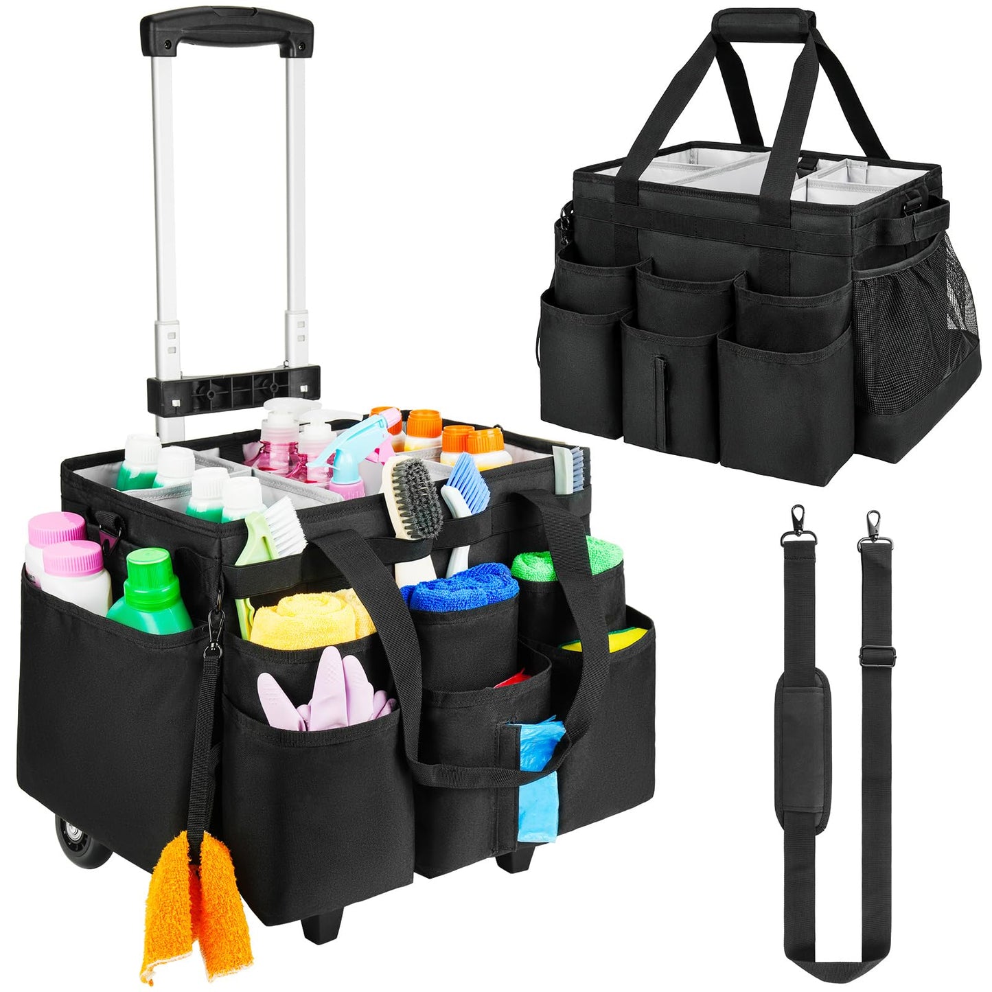 ZIOZERTT Large Rolling Cleaning Caddy Bag with Detachable Trolley,Cleaning Cart on Wheels with