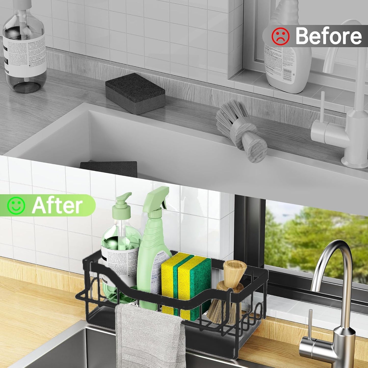 Sponge Holder for Kitchen Sink - Sink Caddy Organizer with Auto Drain Tray, Detachable Towel Rack, Stainless Steel Kitchen Counter Organizer Rack, Black