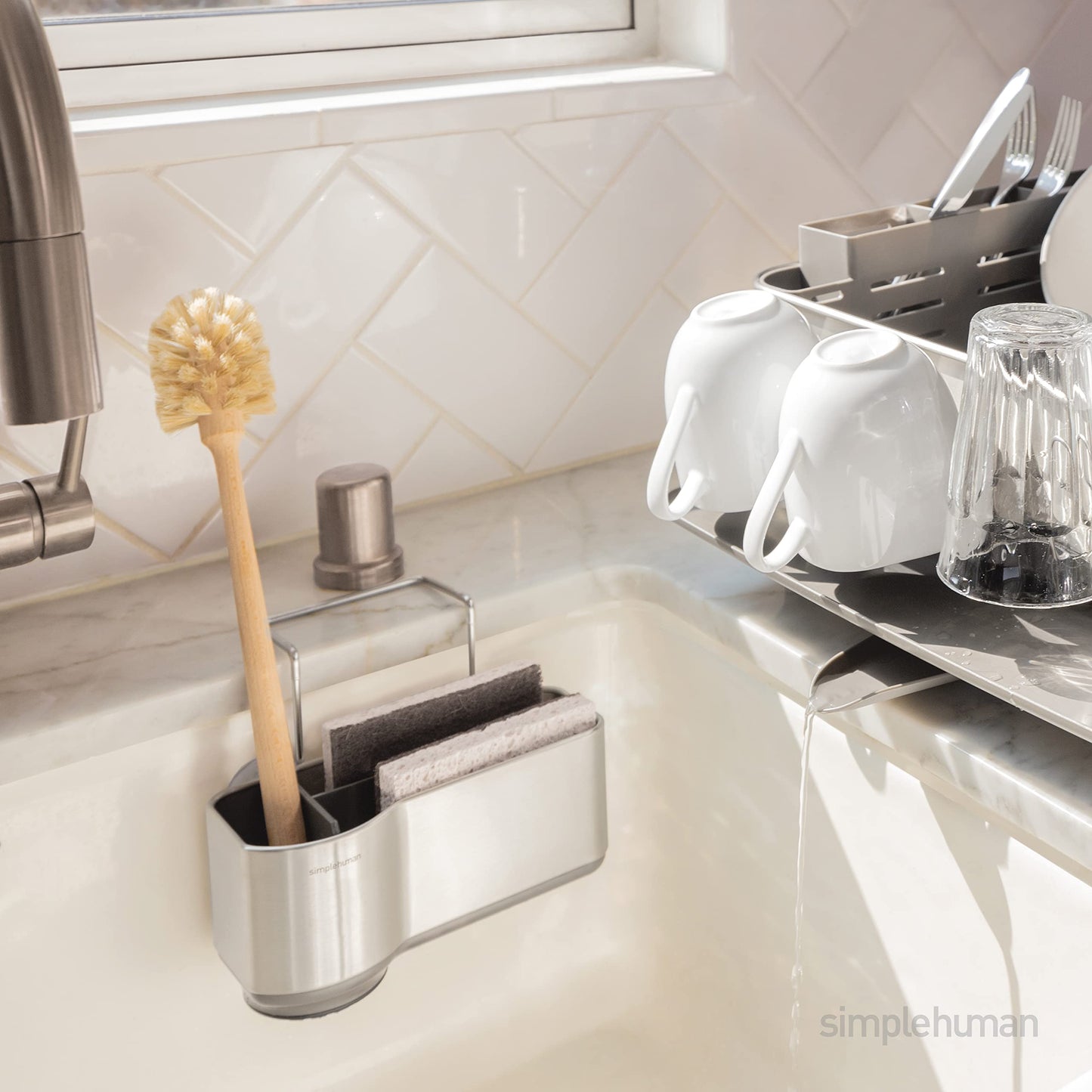 simplehuman Sink Caddy, Sponge Holder for Kitchen Sink with Compartment Dividers, 4 Suction Cups &