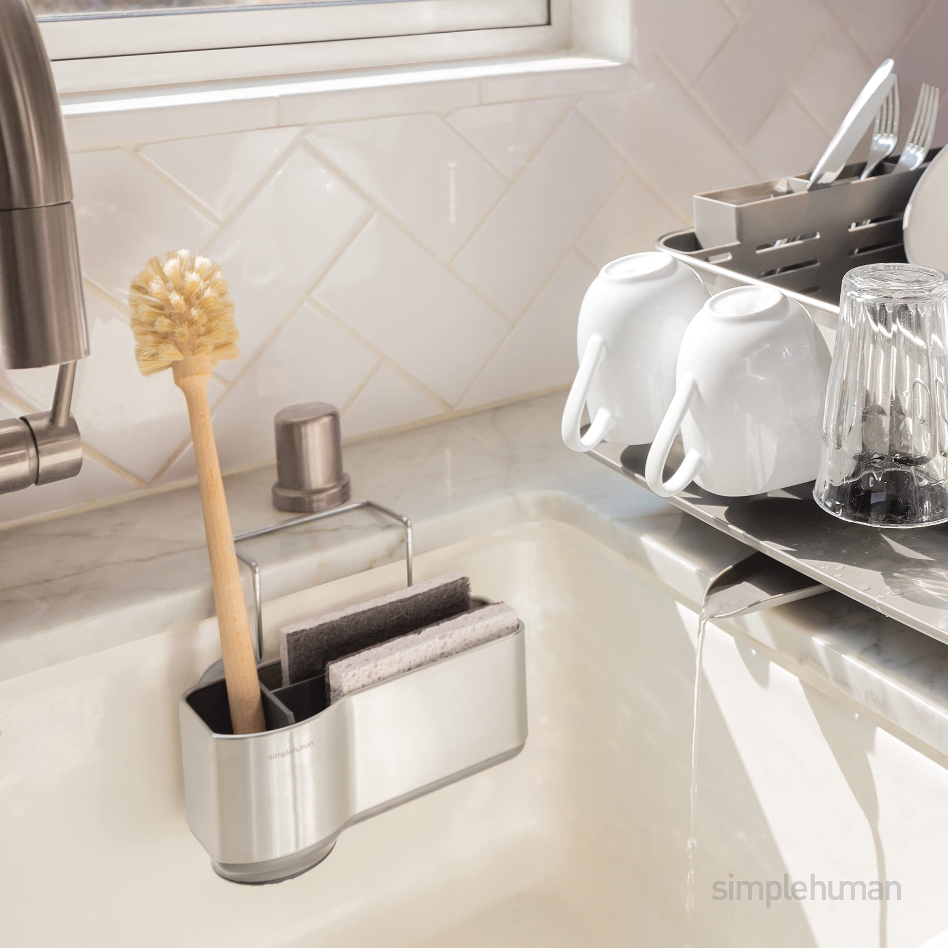 simplehuman Sink Caddy, Sponge Holder for Kitchen Sink with Compartment Dividers, 4 Suction Cups &