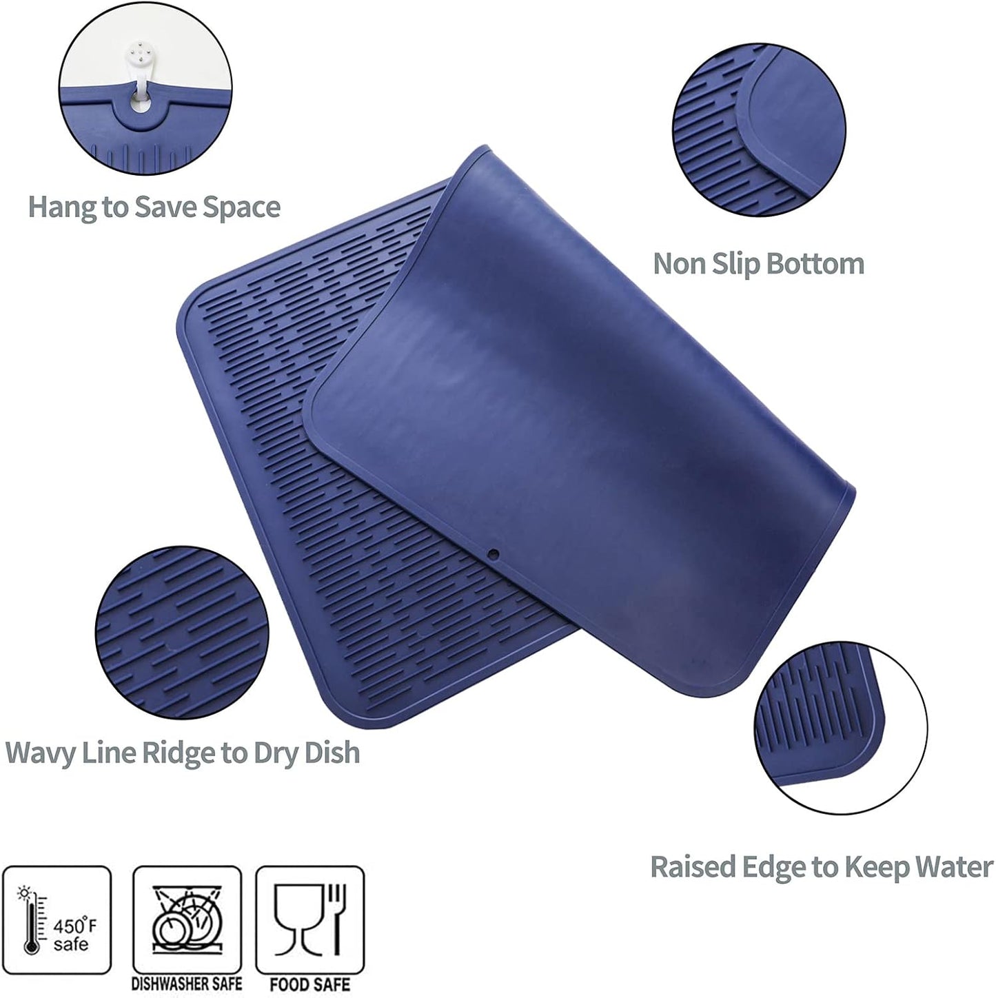 Silicone Dish Drying Mat for Multiple Usage,Easy clean,Eco-friendly,Heat-resistant Silicone Mat for Kitchen Counter or Sink,Refrigerator or Drawer Liner Navy Blue 4XL 32 inches x 18 inches