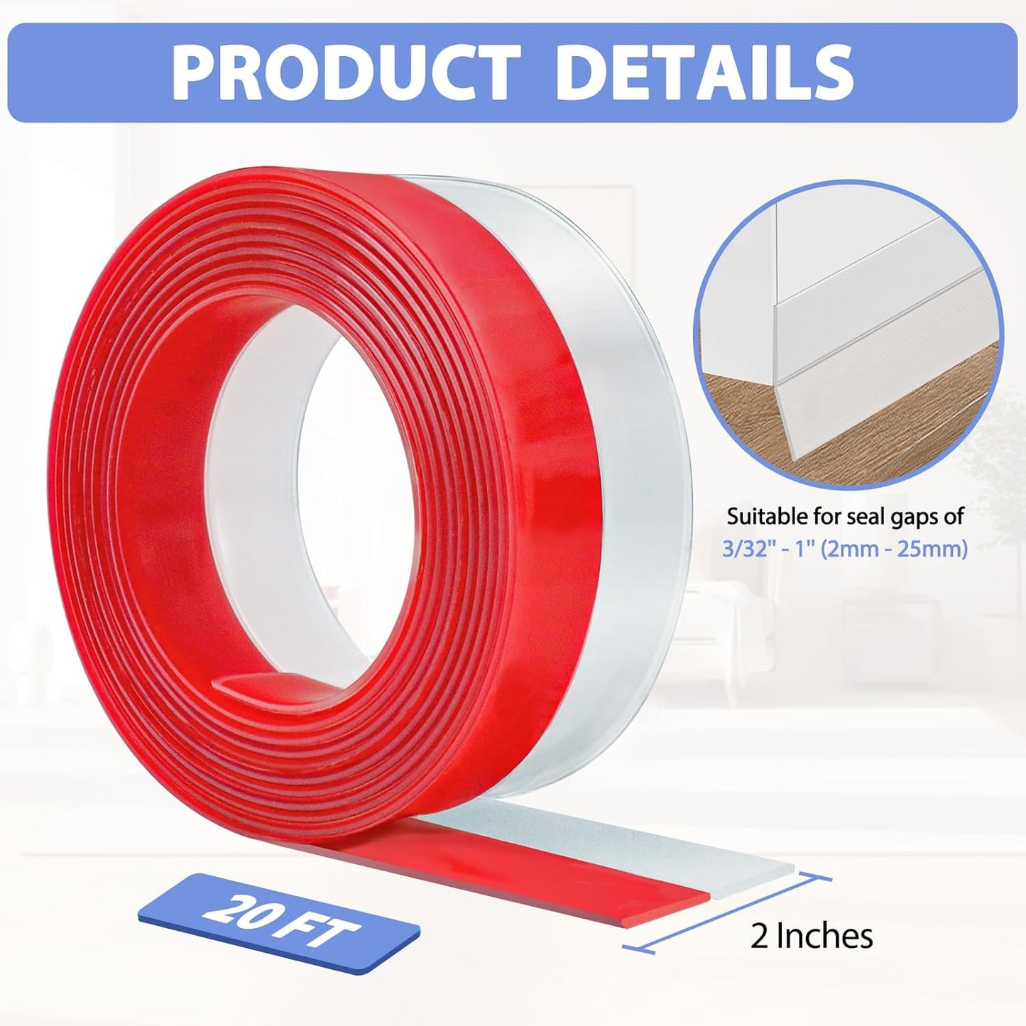Weather Stripping Door Draft Stopper Flexible Self Adhesive Silicone Door Seal Strip for Glass Doors Windows and Shower Glass Gaps, 2 Inch Wide X 20 Feet Long, Clear
