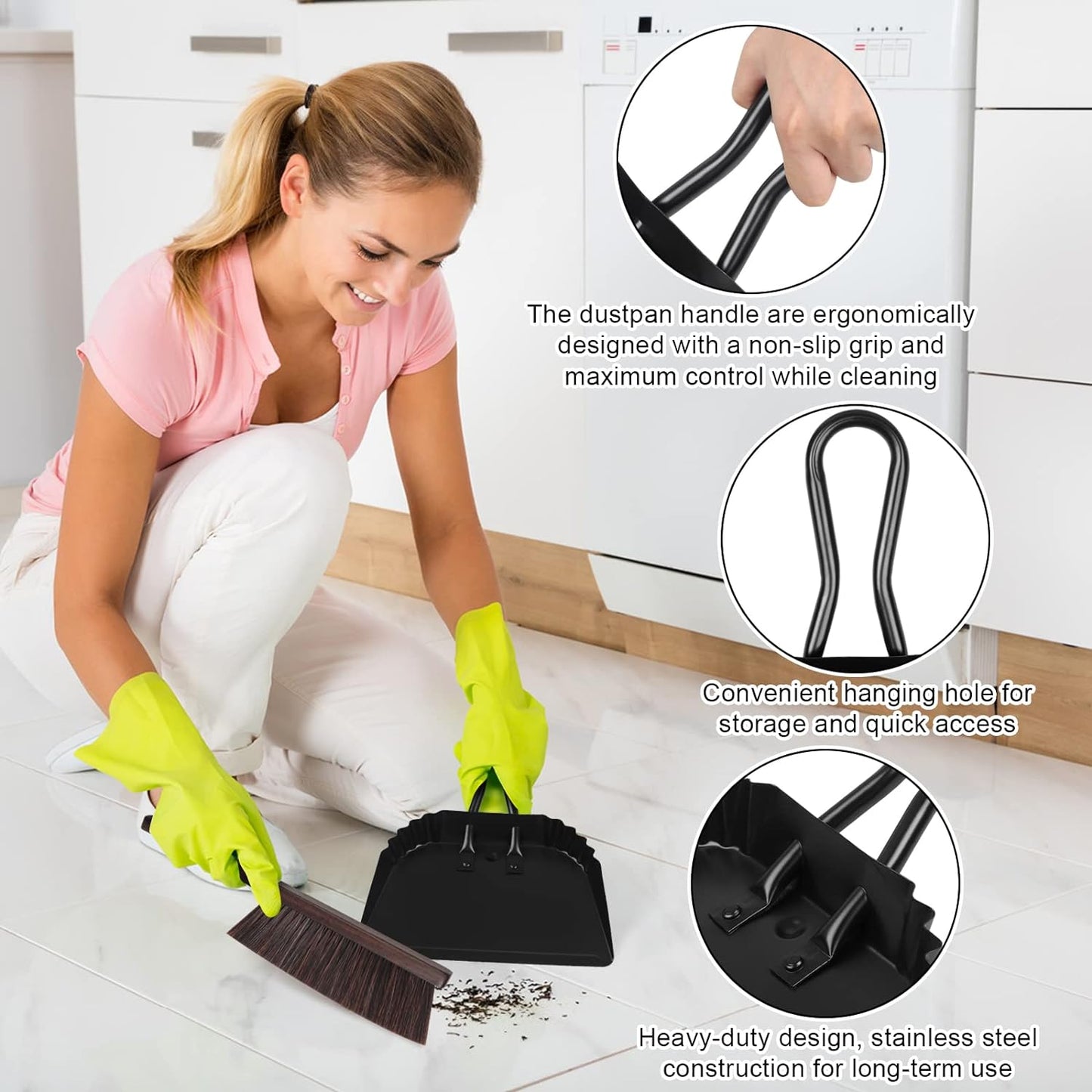 Heavy Duty Black Metal Dust Pan -Handheld Dustpan with Handle, Stainless Steel Large Dustpans with Wide Lip Industrial Dust Pans Precision Edge Small Dustpan for Home/Comfort/Hanging