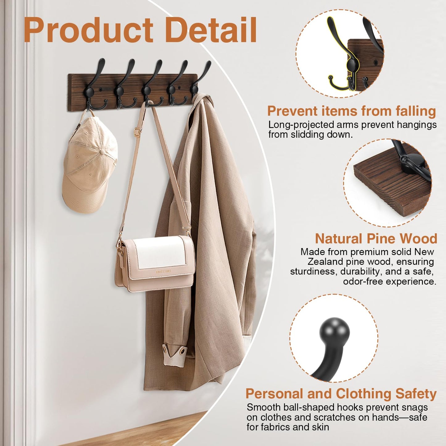 Wooden Coat Rack Wall Mount Heavy Duty, 2 Pack Coat Hanger Wall Mount with 5 Triple Hooks for