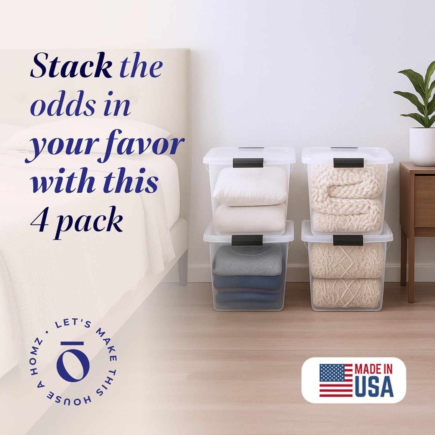 HOMZ 4-Pack Latching Lid, Large Clear Plastic Storage Bins with Lids, 31 Quart, Gray Latch - Stackable Container Boxes for Home, Bathroom, and Office Organization