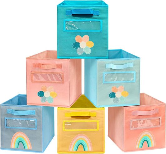 Cube Storage Bins, 6 Pack 11 Inch Fabric Storage Bins with Handle and Label Window, Foldable Storage Cubes, Colorful Fabric Bins for Kids Room, Classroom Organization and Storage, Clothes, Toys