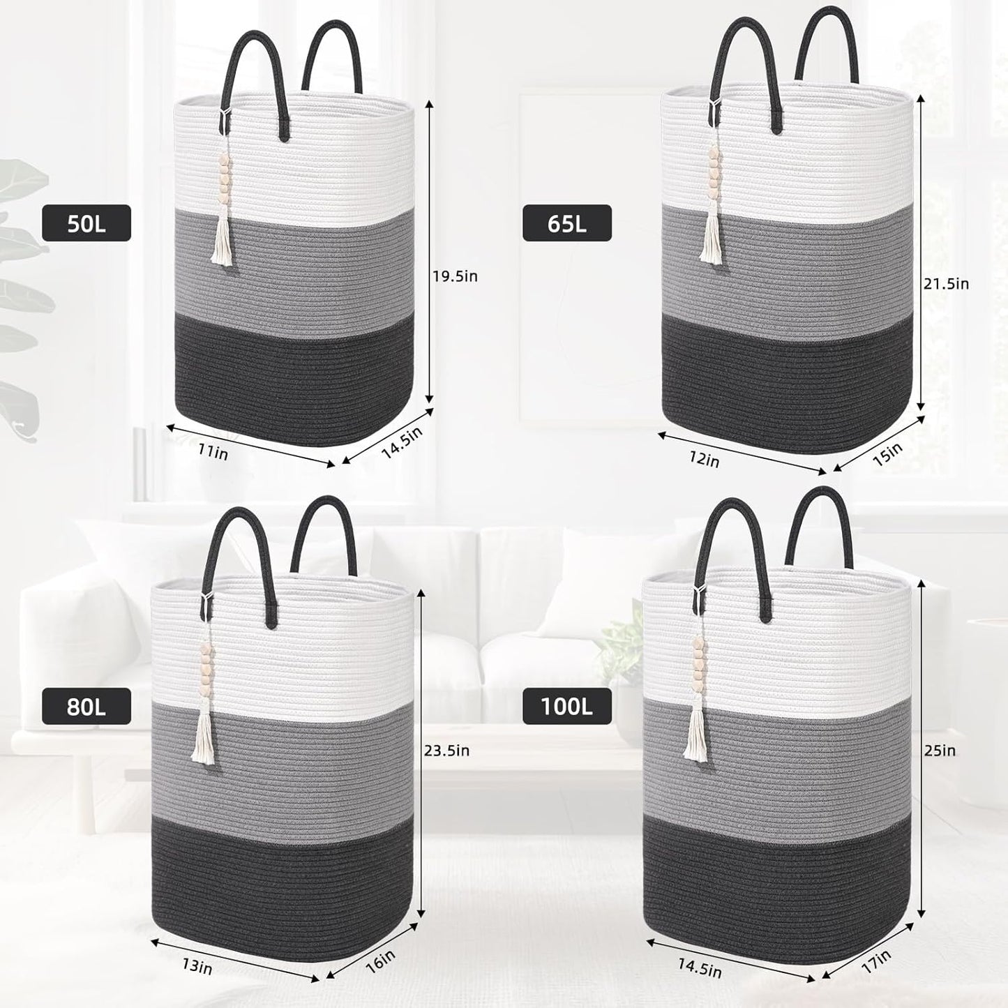 Woven Laundry Basket for Clothes,65 L Large Rectangle Laundry Hampers with Beads Tassel, Nursery Storage Basket for Toys, Tall Dirty Clothes Hamper for Bedroom Aesthetic, Laundry Room Organization