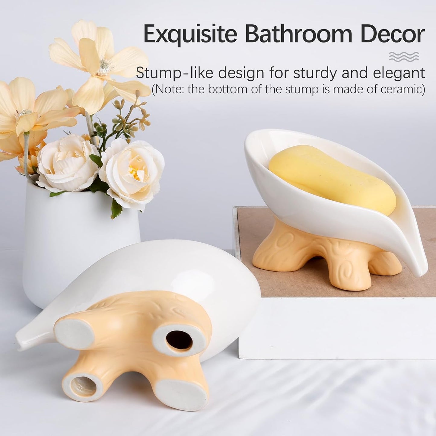 Soap Dish, Soap Holder Self Draining Leaf Shape Soap Dishes, Ceramic Draining Soap Dish for Bathroom Shower, White Farmhouse Soap Holder with Stump, ANTIS'S HOME