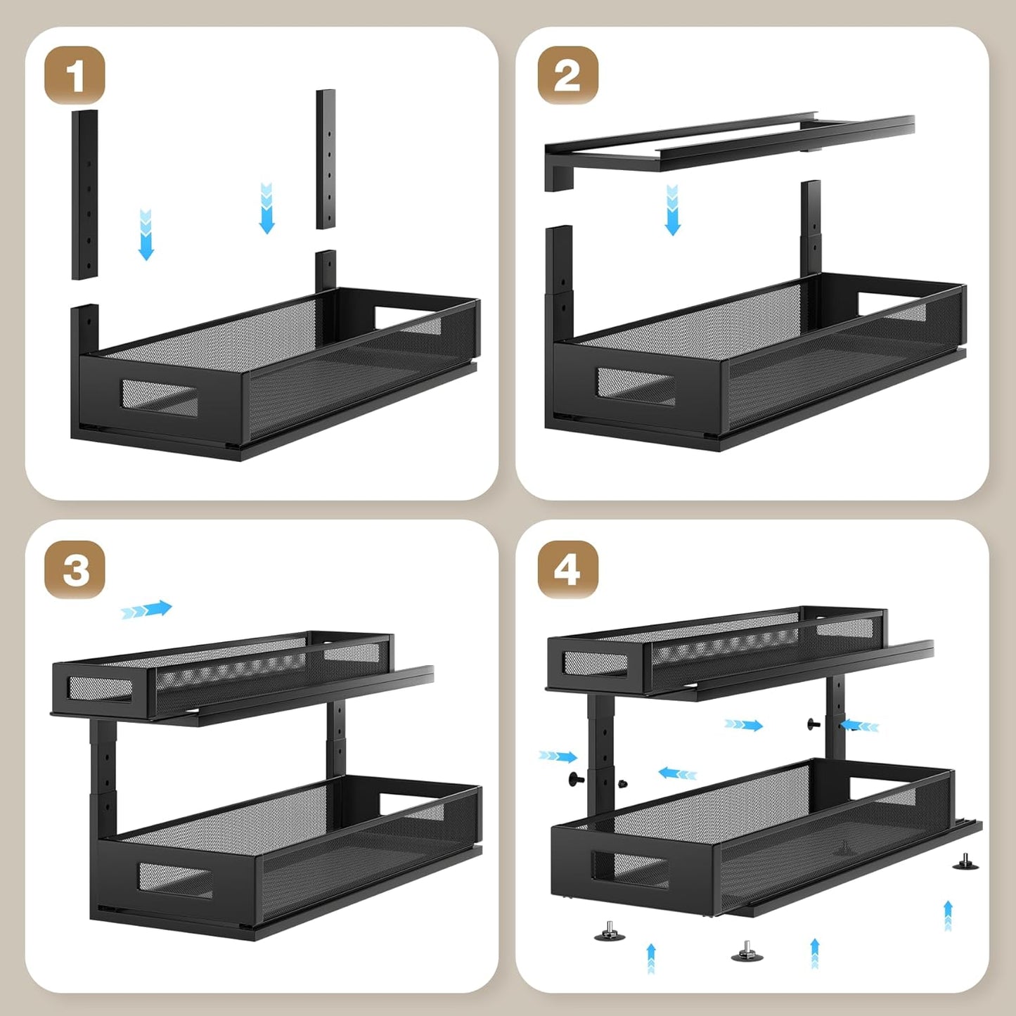 2 Pack 21.3IN-Depth Under Sink Organizer with Next-Gen Ball-Bearing Slides,2-Tier Pull Out Cabinet Storage,Height Adjustable Drawer Shelf for Bathroom,Kitchen,Laundry,Cabinet,Pantry-Black