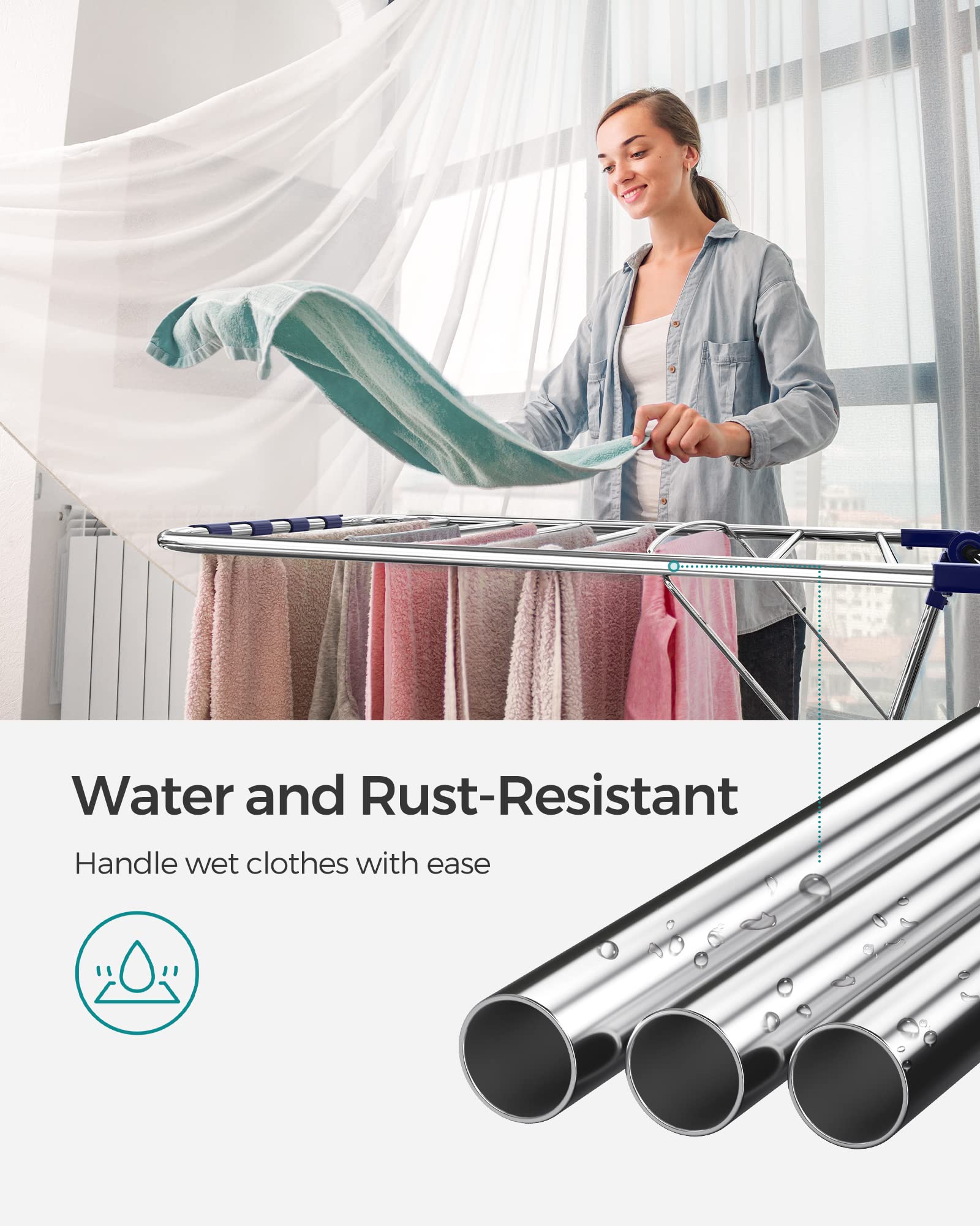 SONGMICS Clothes Drying Rack, with Sock Clips, Metal Laundry Rack, Foldable, Space-Saving