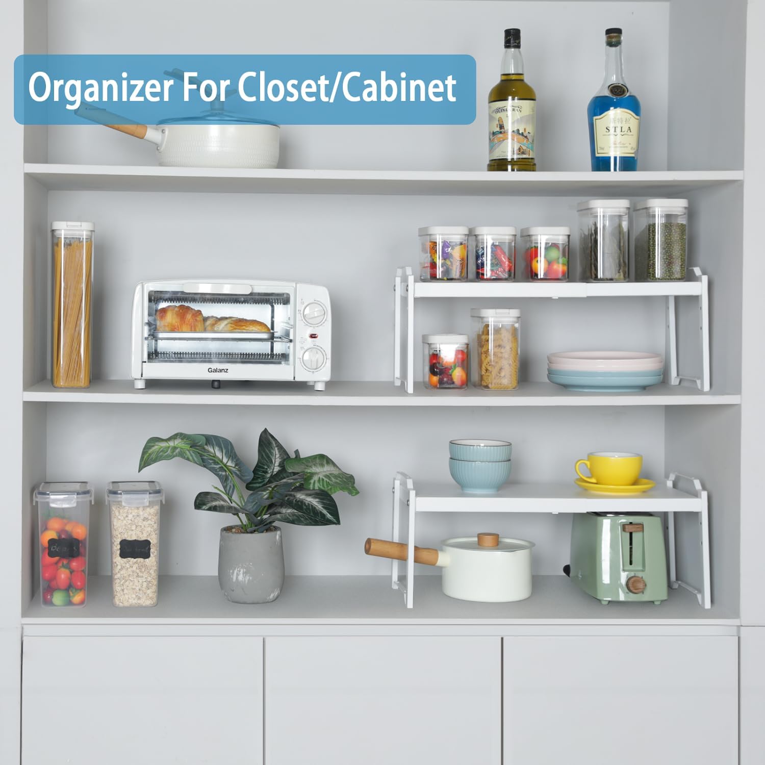 Set of 2 Expandable Kitchen Cabinet Shelves Organizers, Stackable Adjustable Small Storage Shelf