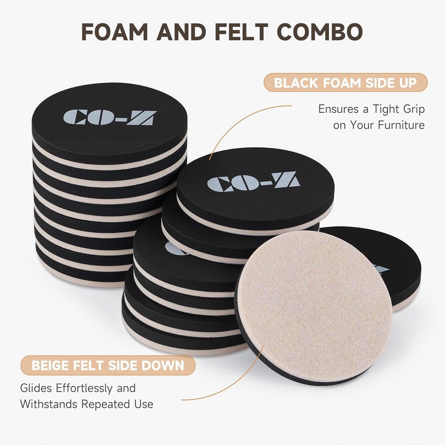 CO-Z 16pcs Felt Furniture Sliders for Hardwood Floors, 3 1/2 in Reusable Furniture Pads, Heavy Furniture Movers Sliders for Hard Surfaces, Thick Moving Pads Floor Protectors for Vinyl Tile Floors