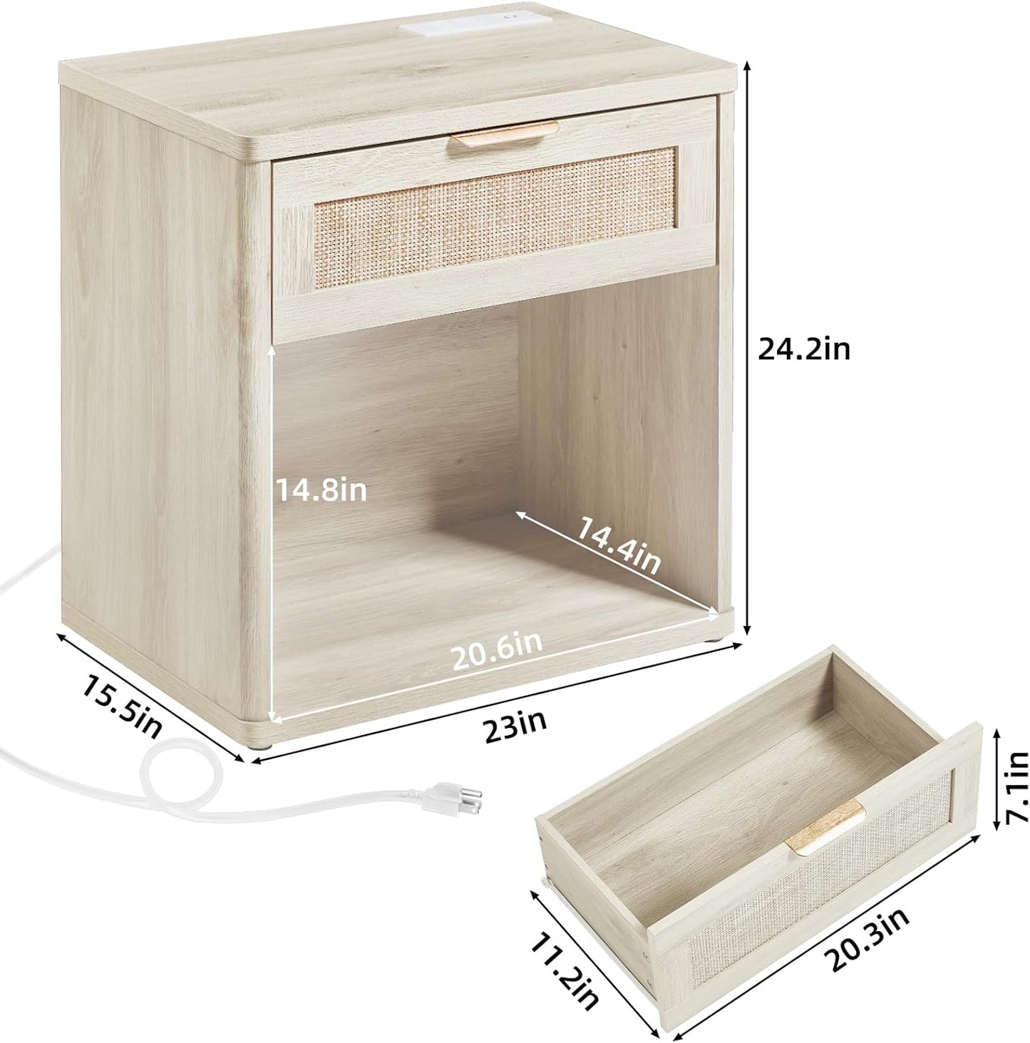 LEYAOYAO Rattan Nightstands Set of 2 with Charging Station, 23" Wide Boho Night Stand with Drawer, Grey White Bedside Table Open Cabinet, Bed Side End Table Dresser for Bedroom, Living Room, Hallway