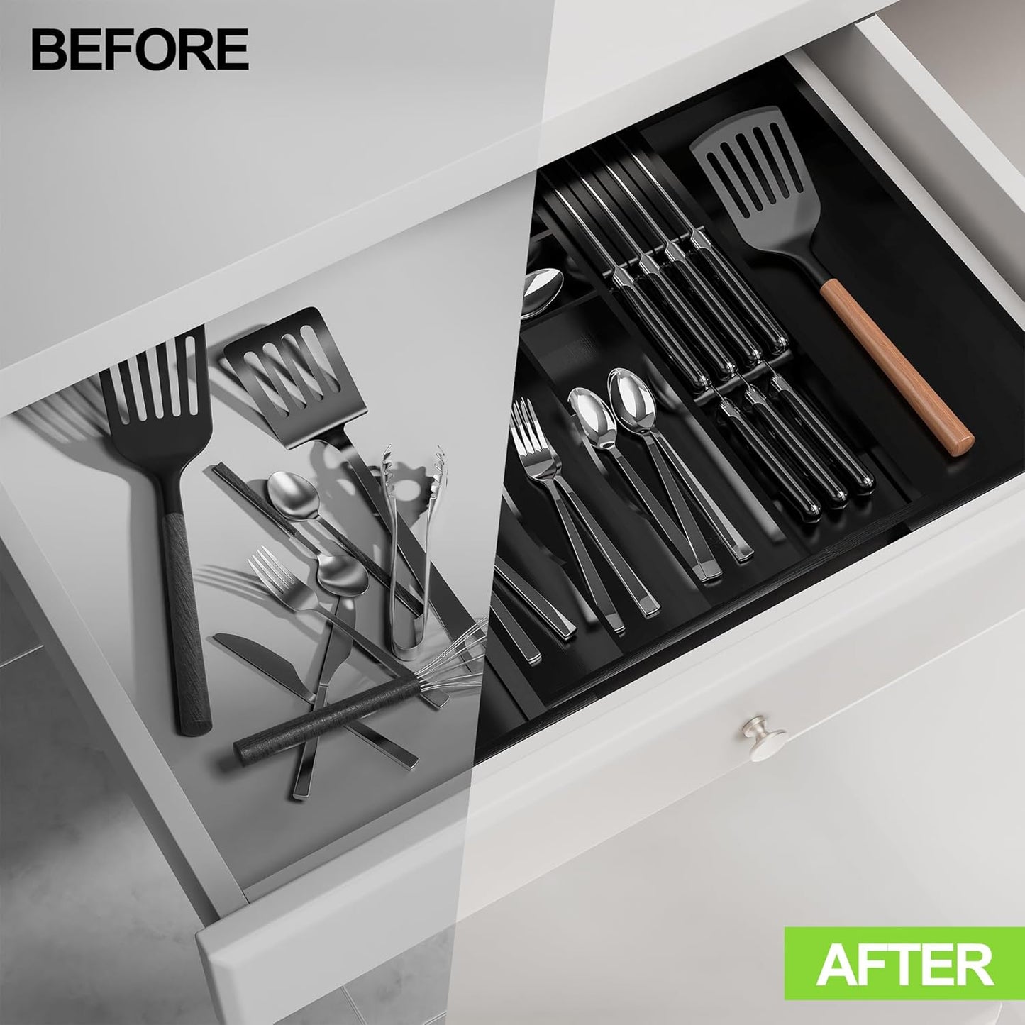 Bamboo Kitchen Drawer Organizer, Expandable Utensil Organizer with Removable Knife Block, Cutlery Tray Holder with Divider, Adjustable Silverware Organizer, Black