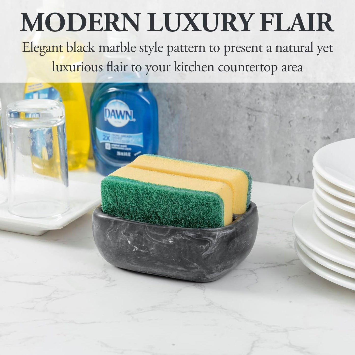 MyGift Modern Black Resin Double Sponge Holder with Realistic Marble Pattern for Kitchen Sink Countertop, Dish Cleaning Sponges or Scrubbing Pads Bowl with 2 Compartments