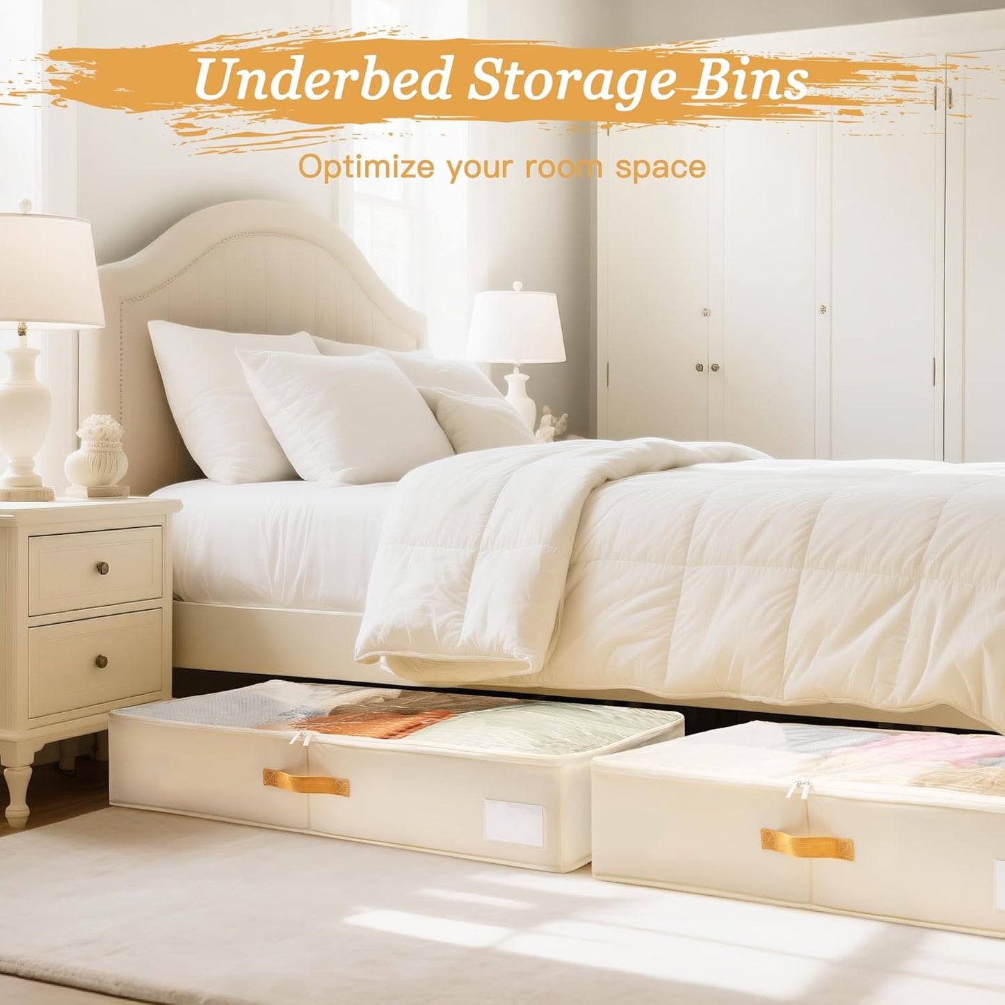 Criusia Under Bed Storage Bins with Clear PVC Lids – 4 Pack Large Underbed Organizers with Heavy-Duty Handles, Reinforced with 800G PP Panels & 80G Non-Woven Fabric – Waterproof & Foldable, Beige