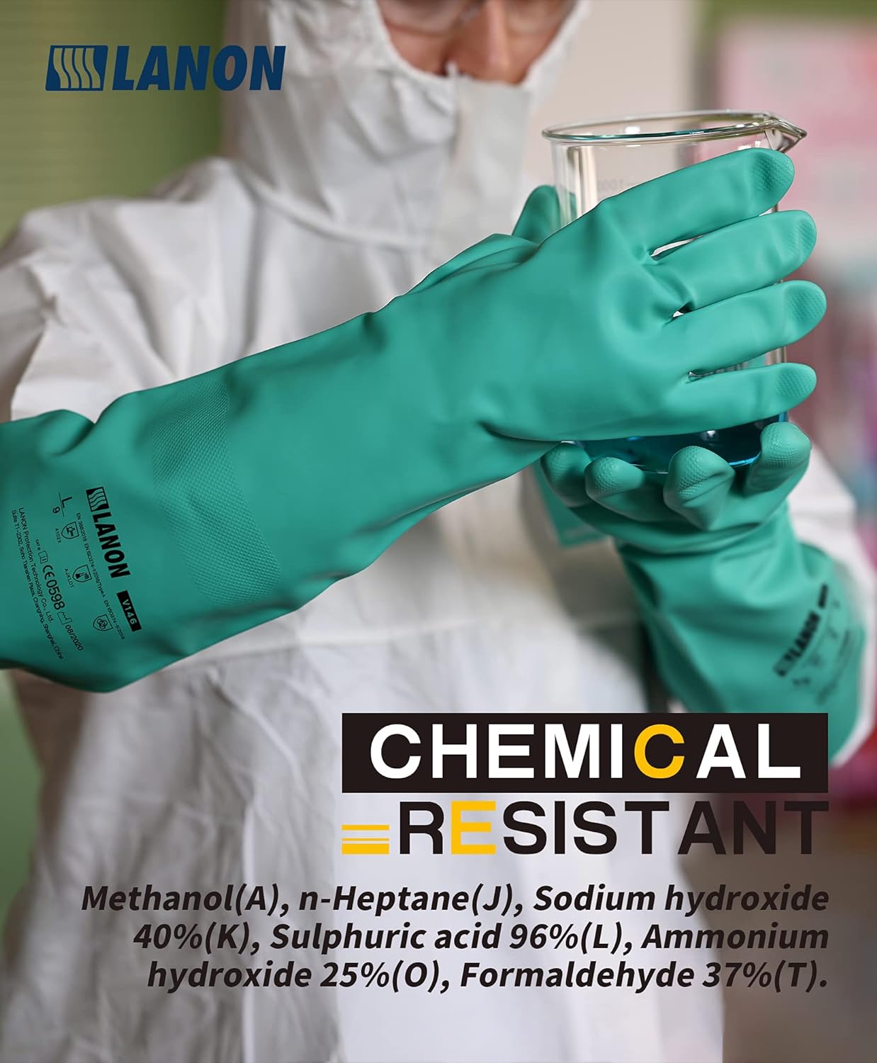 LANON Nitrile Chemical Resistant Gloves, Reusable Heavy Duty Safety Work Gloves, Acid, Alkali and Oil Protection, 18" Length, Non-Slip, XL