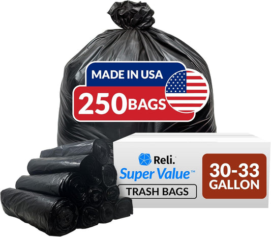 Reli. 30-33 Gallon Trash Bags Heavy Duty | 250 Count Bulk | Black Large Trash Bags 30+, 32 Gallon | Made in USA