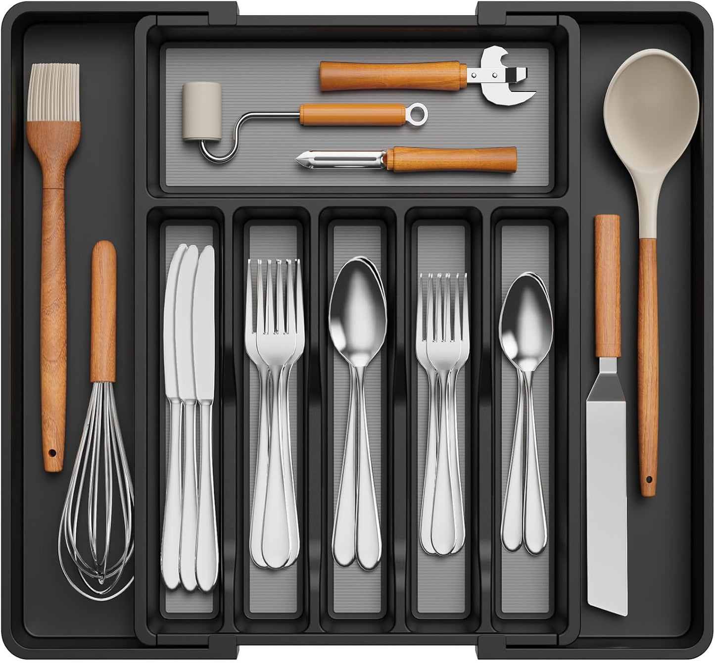 Lifewit Silverware Drawer Organizer, Expandable Utensil Tray with Non-Slip TPR, Deep Flatware Cutlery Holder, Adjustable Plastic Kitchen Storage for Spoons Forks Knives, Large, Black and Gray