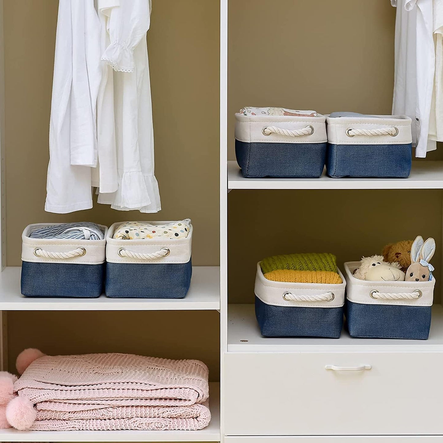 TheWarmHome Storage Bins for Shelves - 12x8x5.2 inch 1 Pack Baskets for Gifts Empty, Fabric Storage Cubes for Closet Organizing Dog Gift Cloth Toy (White & Jean Blue)