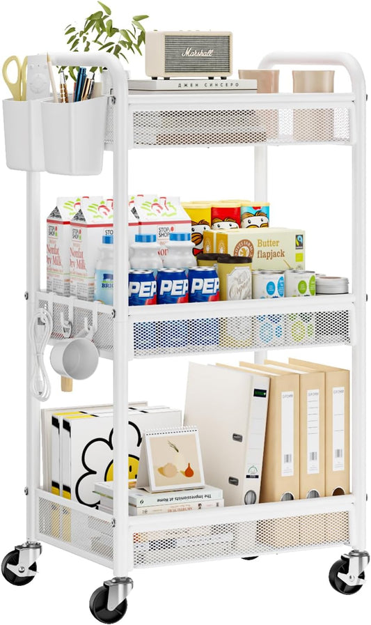 YASONIC 3 Tier Rolling Cart – Metal Utility Storage Cart with Wheels, Craft Carts Organizer with Hanging Cups, Hooks, Mesh Basket for Bedside Kitchen Office Art, White