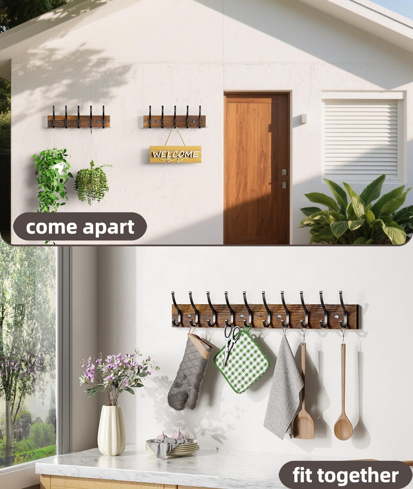 Optish 2 Pack Wooden Coat Rack Wall Mount, 16.1" Rustic Coat Hanger Hooks with 10 Double Hooks