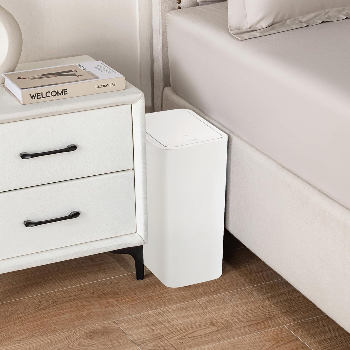 TIPGO Bathroom Trash Can with Lid, 4 Gallon / 15 Liter Small Garbage Can, Press Top Bin, Plastic Wastebasket with Pop-Up Lid for Bedroom, Living Room, Office (White)