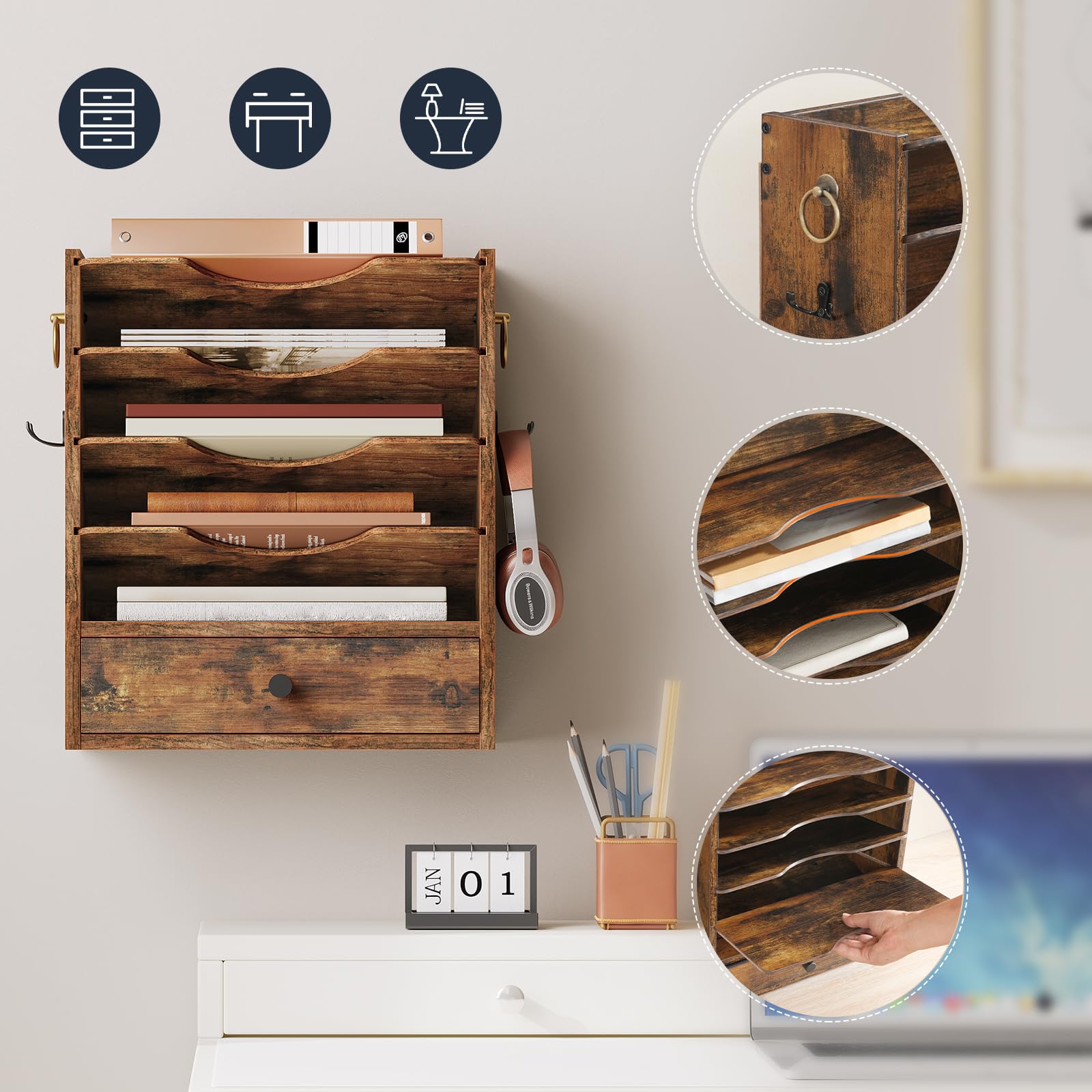 HOOBRO Wall File Organizer, Mail Organizer Wall Mounted, Wooden Literature Organizer, Construction