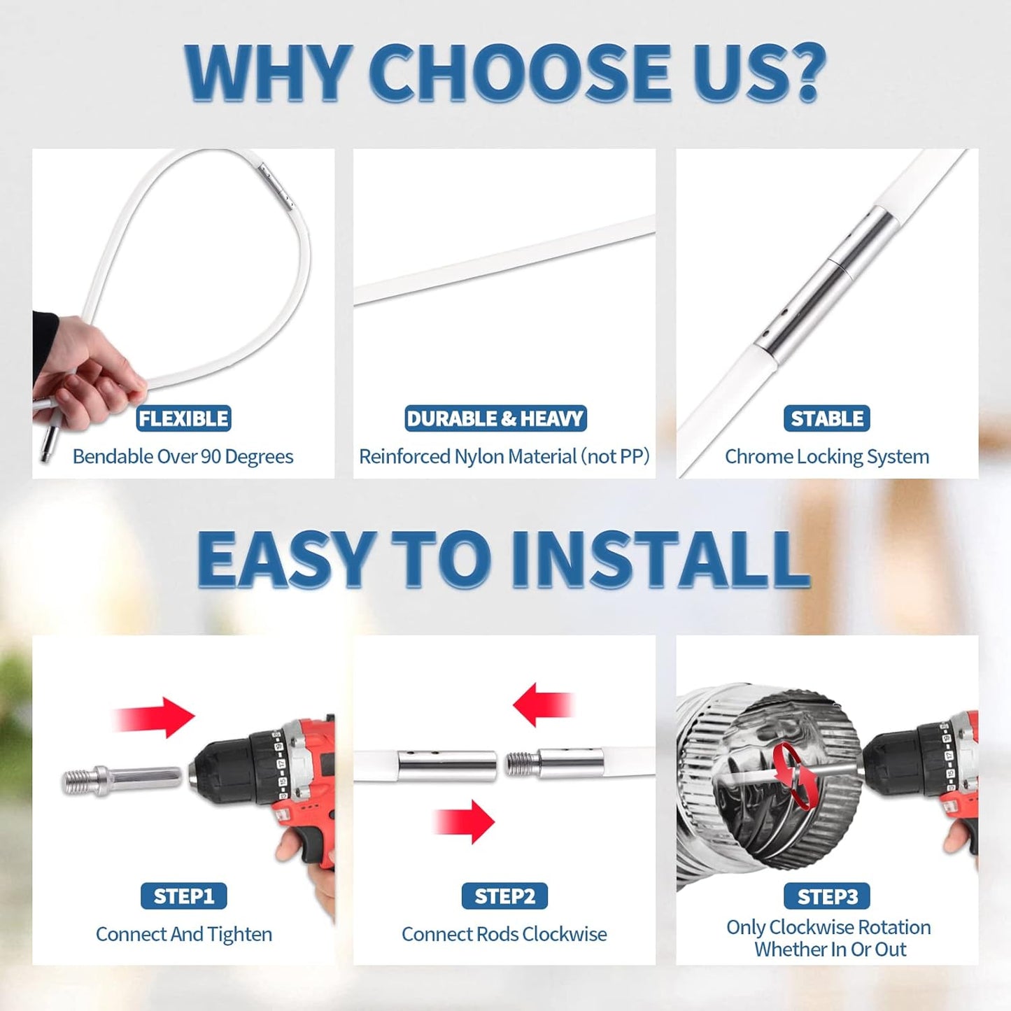 Bluesea 7 Pieces 40 Feet Dryer Vent Cleaner Kit, Reinforced Nylon Dryer Vent Cleaning Kit, Durable Dryer Vent Brush Vacuum Attachment with Flexible Lint Trap Brush, Vacuum & Dryer Adapters Upgrade