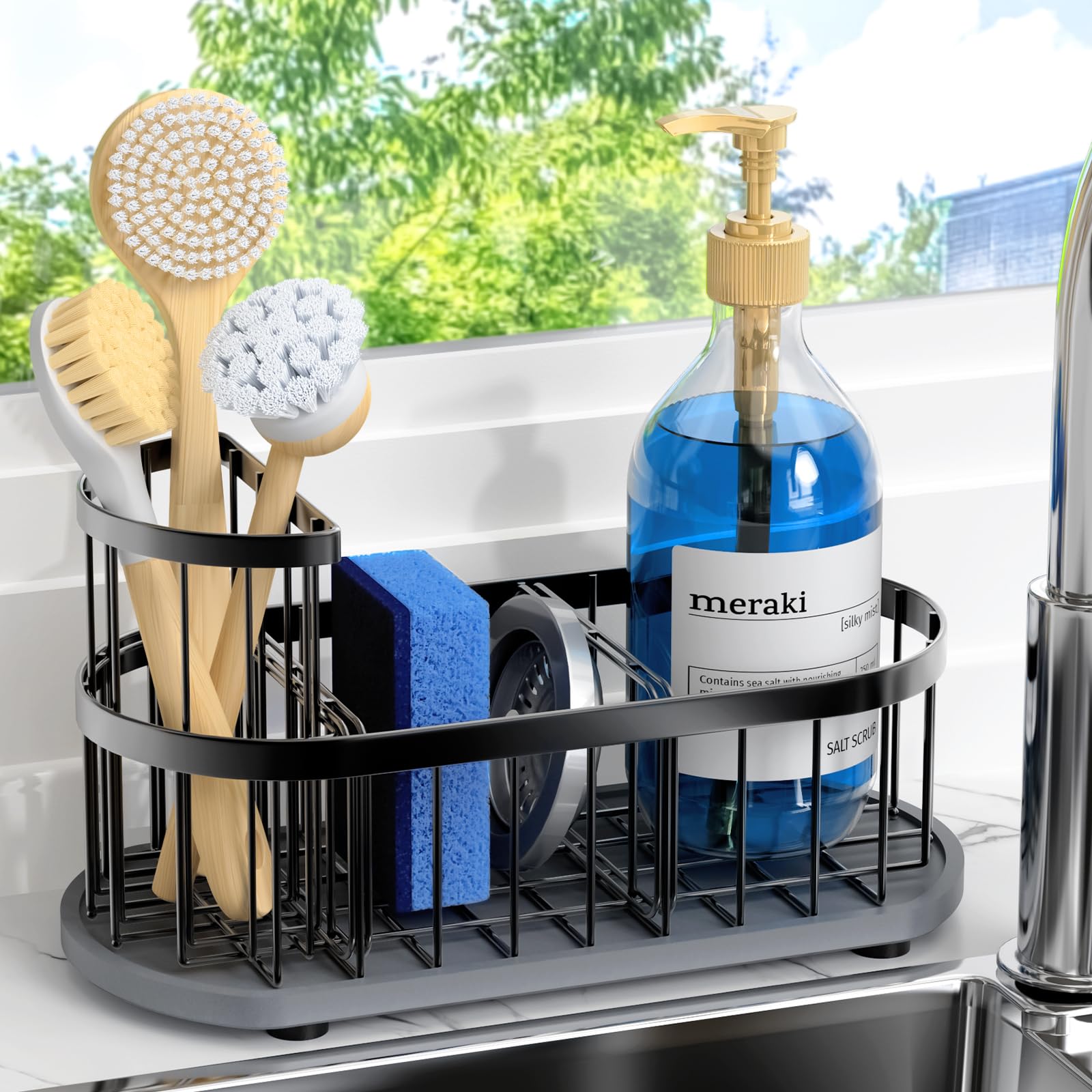 Sink Caddy Kitchen Sink Organizer, Sponge & Brush Holder, Stone Drying Mat