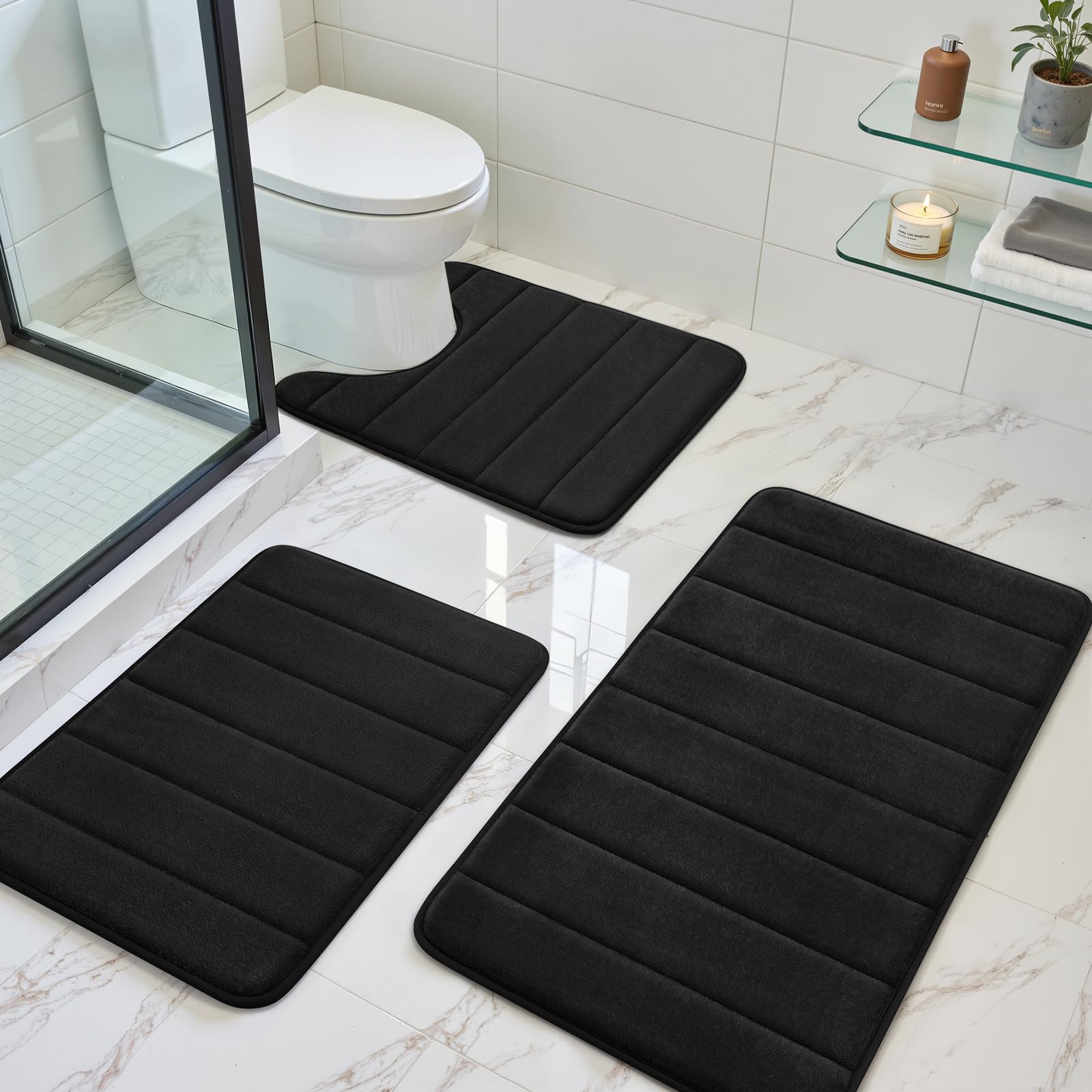BYSURE Black Memory Foam Bathroom Rug Set 17"x24"+20"x32"+U20 x24