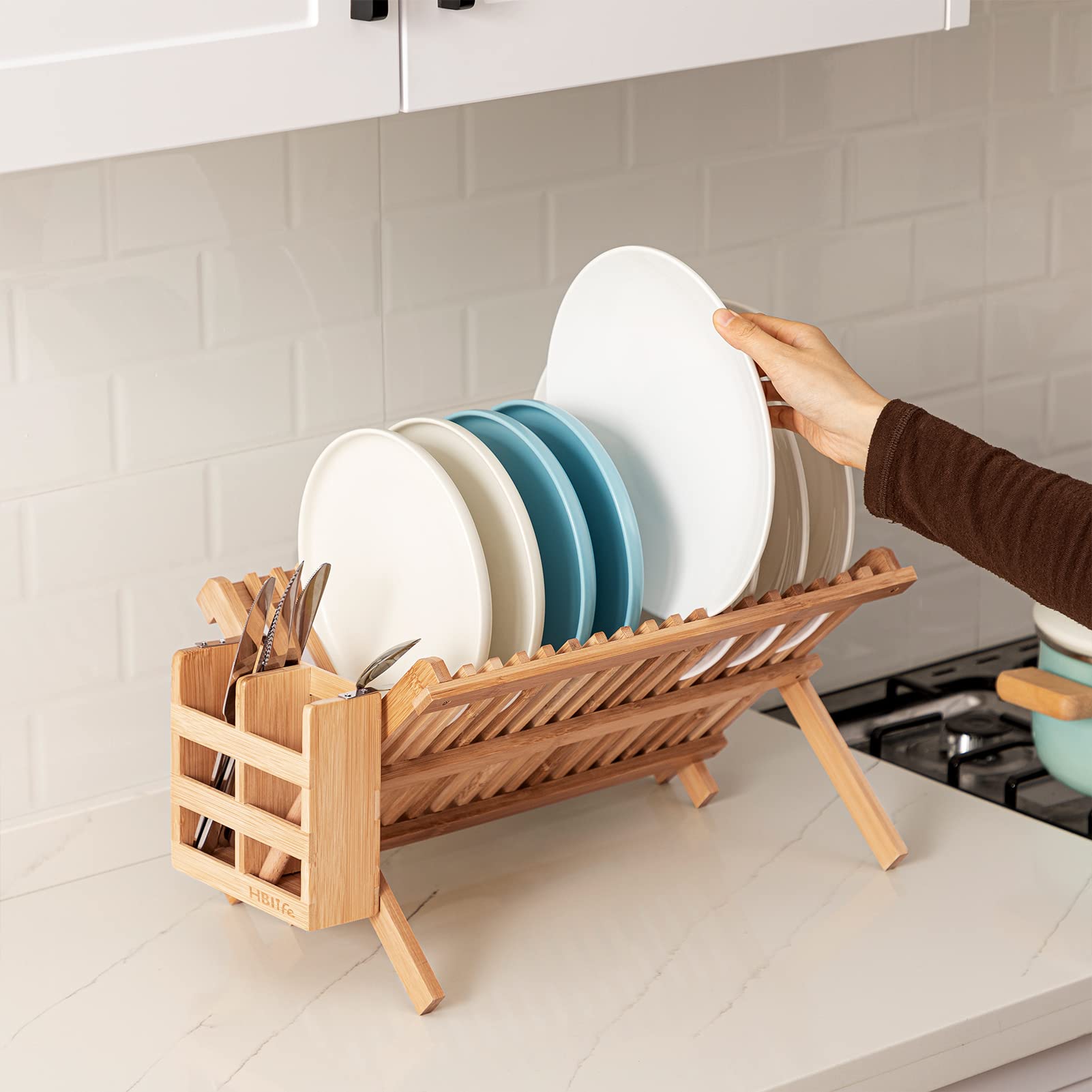 HBlife Dish Rack, Bamboo Folding 2-Tier Collapsible Drainer Dish Drying Rack with Utensils Flatware