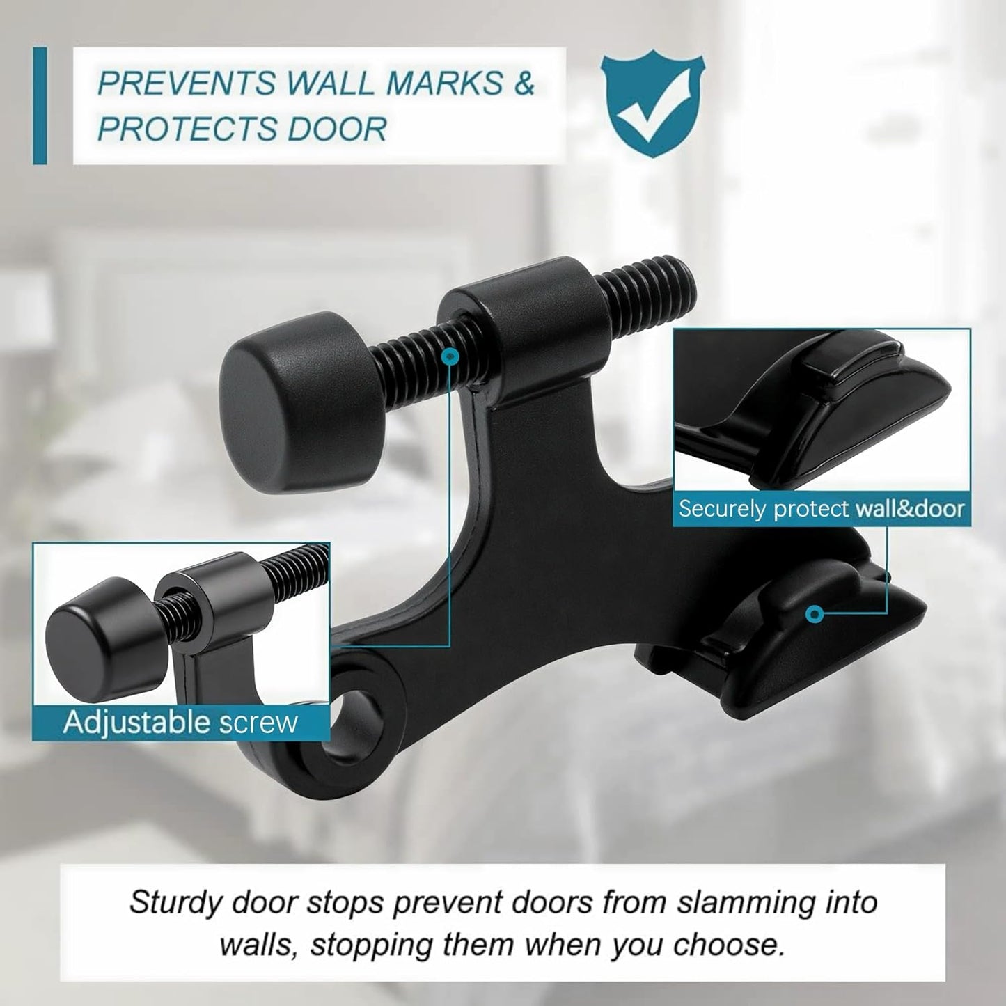 4 Pack Hinge Pin Black Door Stopper, Adjustable Heavy Duty Hinge Pin Door Stop with Black Rubber