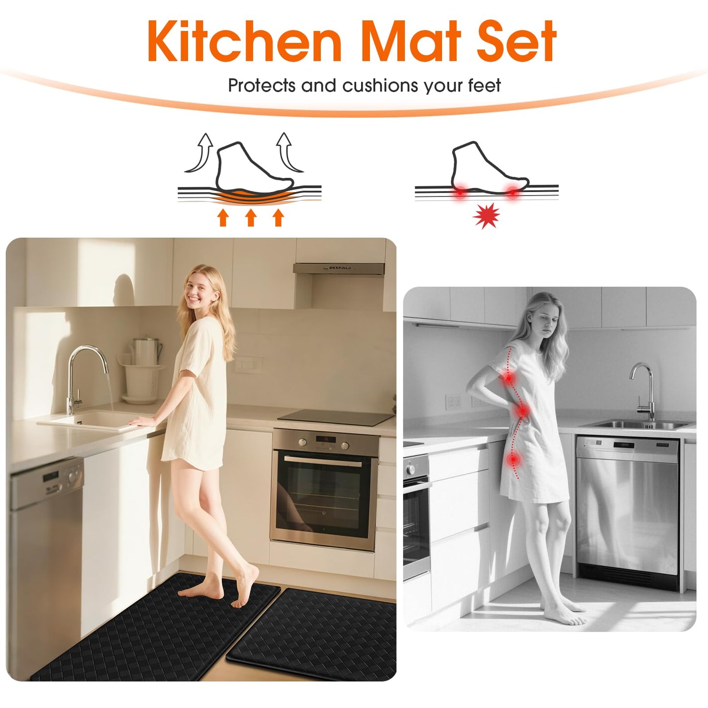 TranquilRelax 2-Piece Kitchen Mats, Cushioned Non-Slip Floor Mats, Black