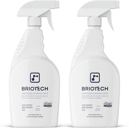 BRIOTECH Sanitizer Disinfectant Hypochlorous Spray, Kills 99.99% of Viruses & Bacteria, Eliminates Odor, Gentle for Nurseries & Play Rooms, Rinse Free Surface Sanitizer, 32 fl oz (Pack of 2)