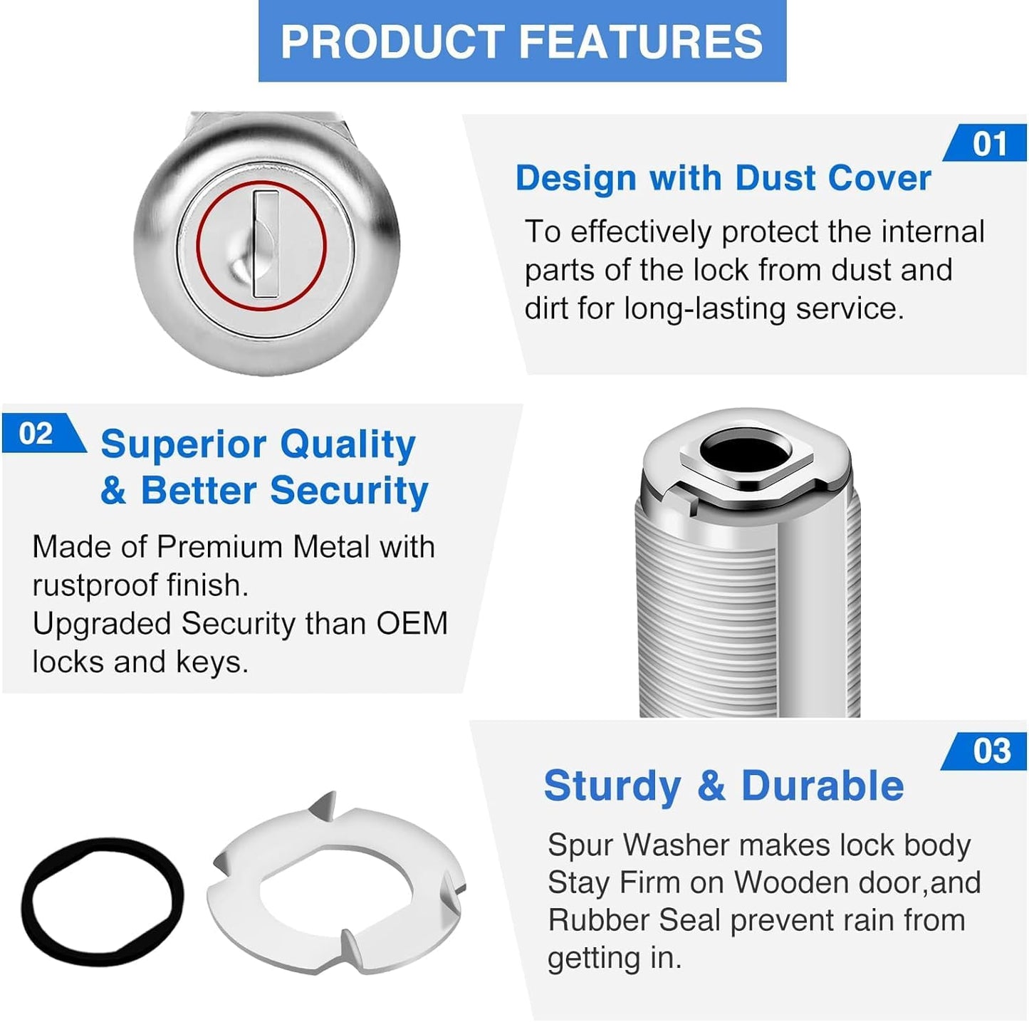 Cabinet Lock with Keys, 2" Extra-Long Cam Locks keyed Alike, Heavy Duty Cabinet Cam Lock Set for Thick Drawers RV Storage Locks Tool Box Lock Replacement, Zinc Alloy (5 Pack, 2-1/8 Inch)