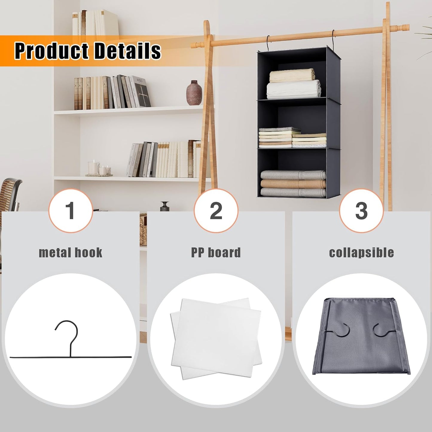 Hanging Closet Organizer and Storage 3-Shelf, Easy Mount Foldable Hanging Closet Wardrobe Storage Shelves, Clothes Handbag Shoes Accessories Storage, Washable Oxford Cloth Fabric, Dark Gray