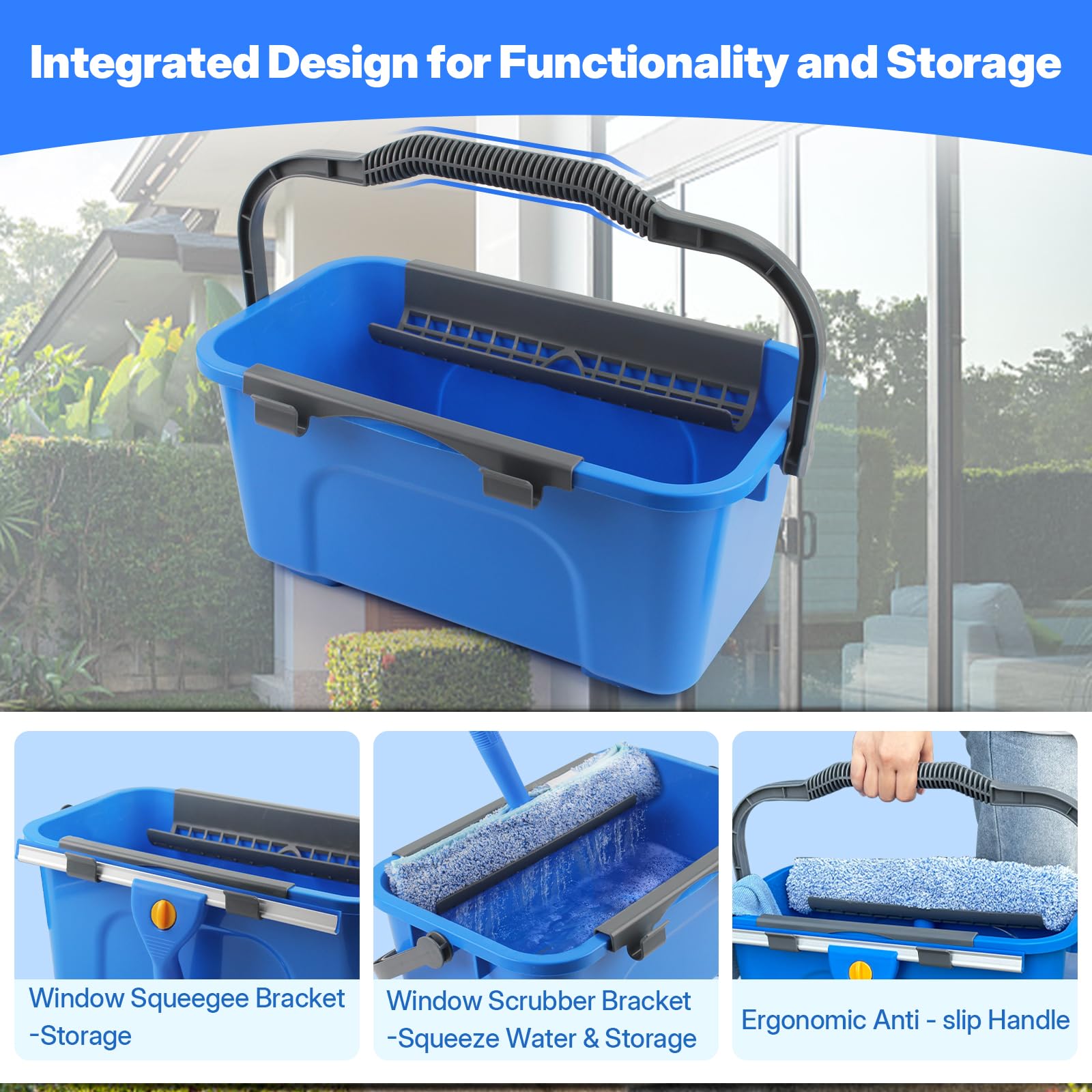 Window Cleaning Kit with Bucket, Squeegee and Scrubber for Home, Commercial