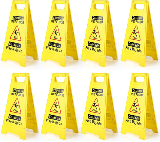 8-Pack Caution Wet Floor Sign,17.5" Height,Bright Yellow Double-Sided Folding A-Shaped Frame