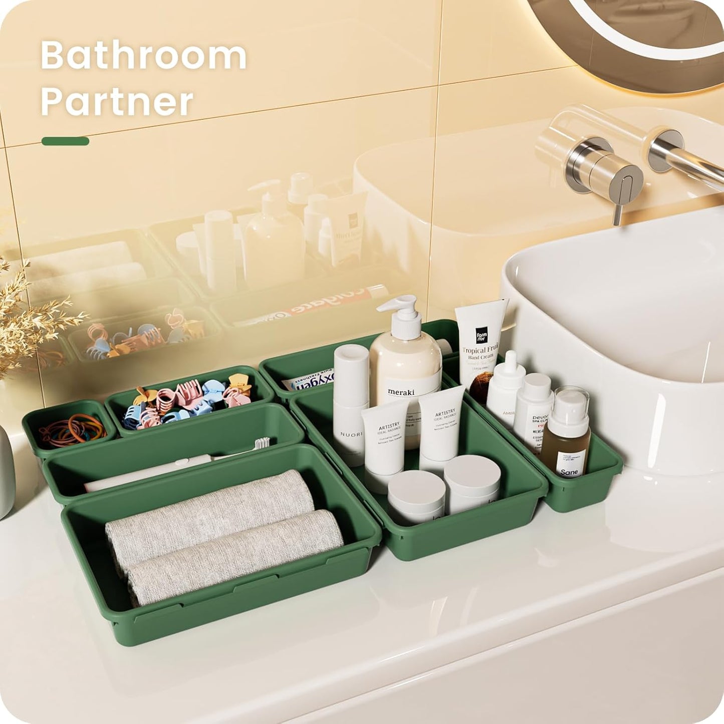 A-LuGei 【28PCS】 Drawer Organizer, Bathroom Organizers and Storage, Makeup organizer, Desk drawer organizer, Storage Bins for Kitchen Office Bedroom Vanity Jewelry Pantry Garage【ArmyGreen】【4Size】